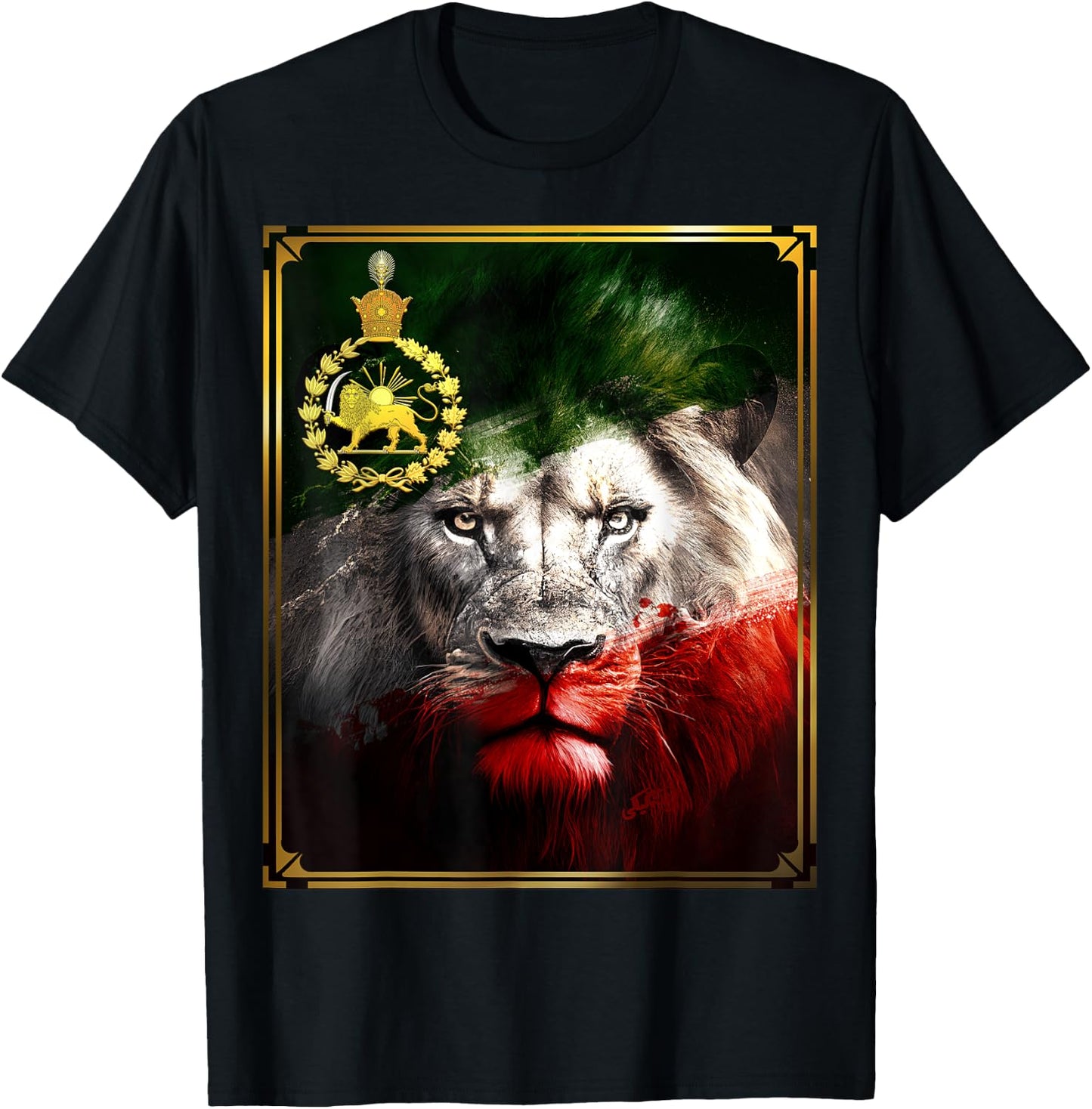 Iran flag on lion head with a golden lion Pahlavi T-Shirt - T-Shirt | Black