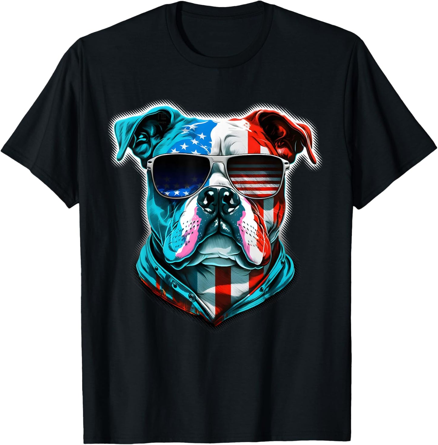 Bulldog Dog Red White Blue American Flag Sunglasses Kids Men T-Shirt - T-Shirt | Black