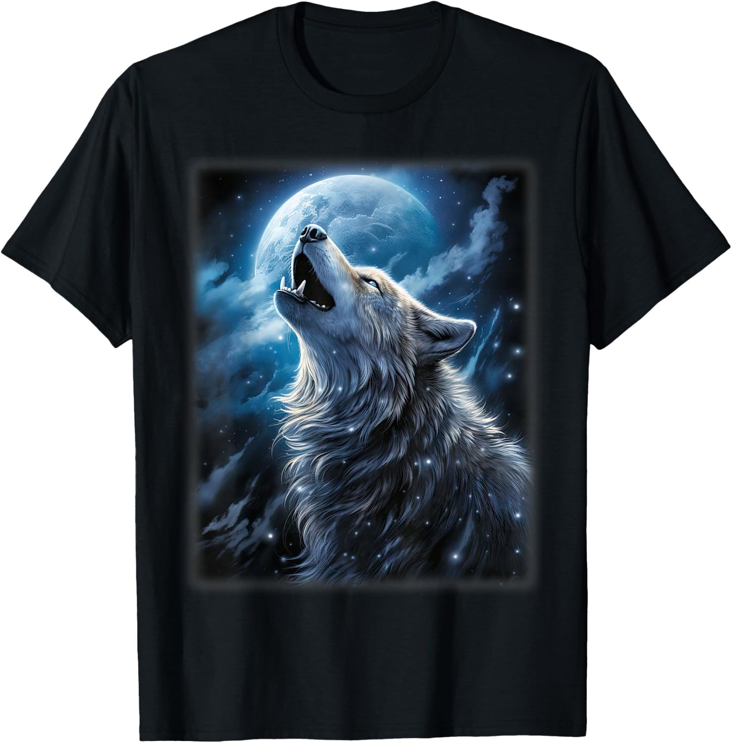 Wolf howling at the Moon Fantasy Art Wildlife T-Shirt - T-Shirt | Black