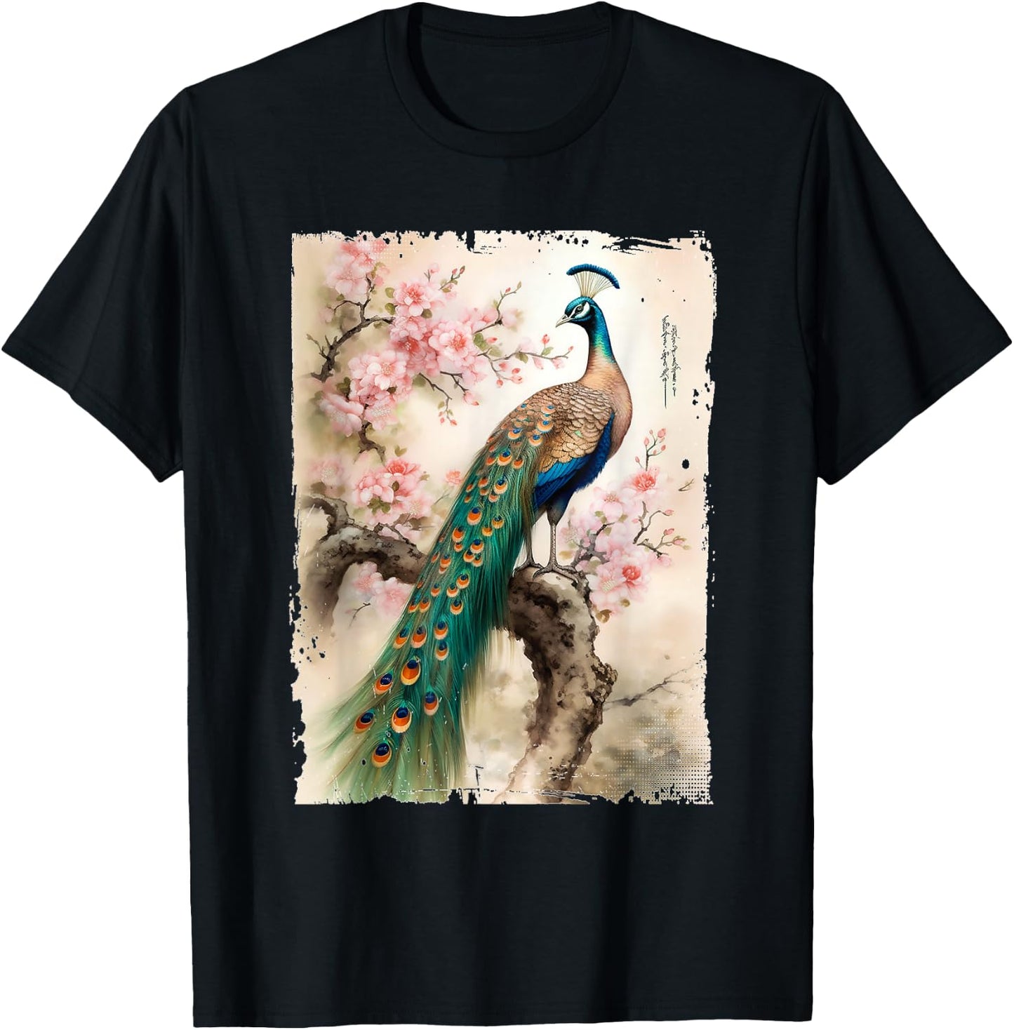 Beautiful Peacock Japanese Cherry Blossom Art T-Shirt - T-Shirt | Black
