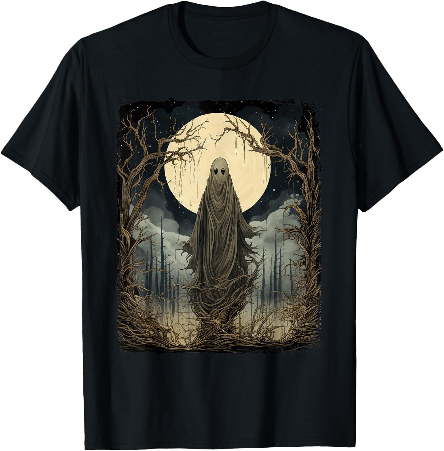Vintage Art Men Women Retro Scary Gothic Halloween Ghost T-Shirt - T-Shirt | Black