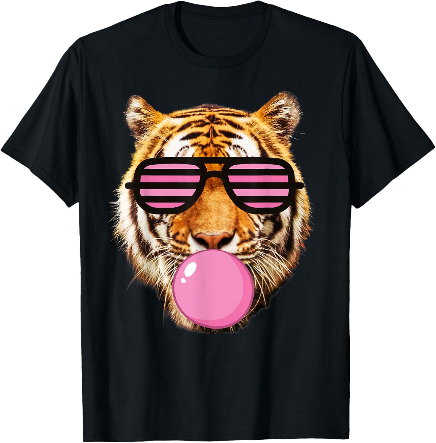 Pink Gum tiger Stripe Cute Tiger with Glasses T-Shirt - T-Shirt | Black