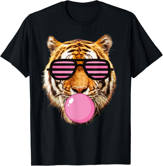 Pink Gum tiger Stripe Cute Tiger with Glasses T-Shirt - T-Shirt | Black
