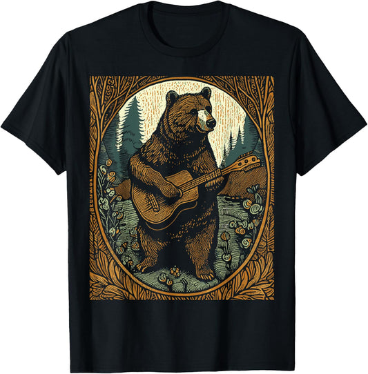 Bear Playing Guitar Vintage Cottagecore Funny Cute Music T-Shirt - T-Shirt | Black