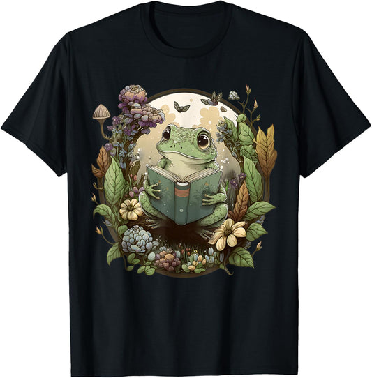Cottagecore Aesthetic Cute Frog Reading Book Vintage Floral T-Shirt - T-Shirt | Black