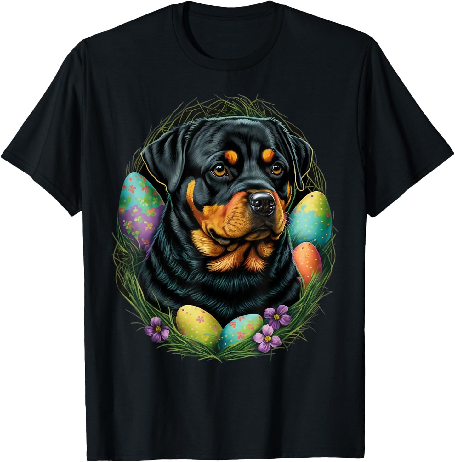 Easter Rottweiler Bunny Eggs Dog on Easter Rottweiler T-Shirt - T-Shirt | Black