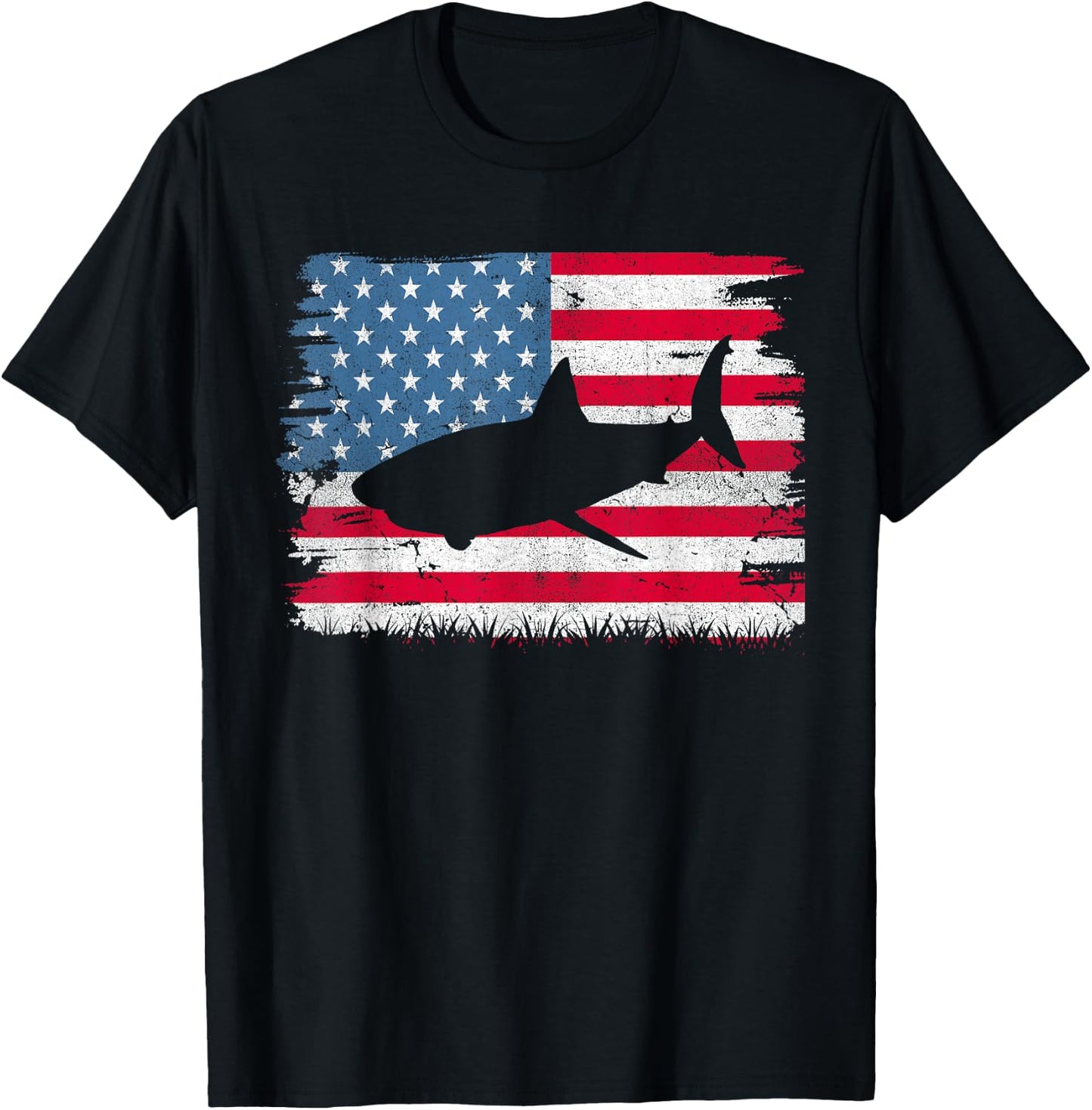 Shark American Flag USA 4th of July Men Women Boys Girls T-Shirt - T-Shirt | Black