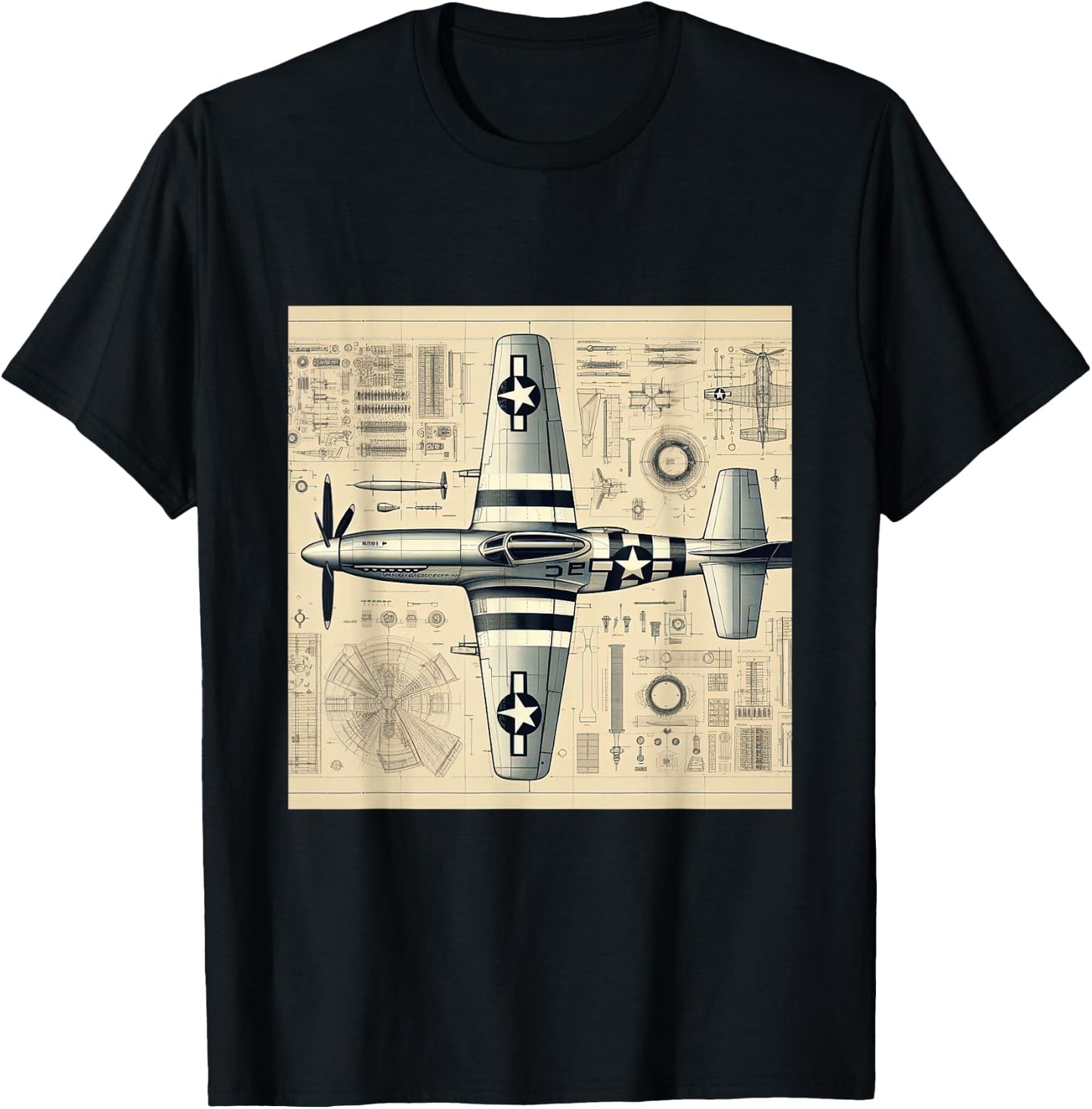 WW2 Warplane P51 Mustang Assembly Parts Blueprint T-Shirt - T-Shirt | Black