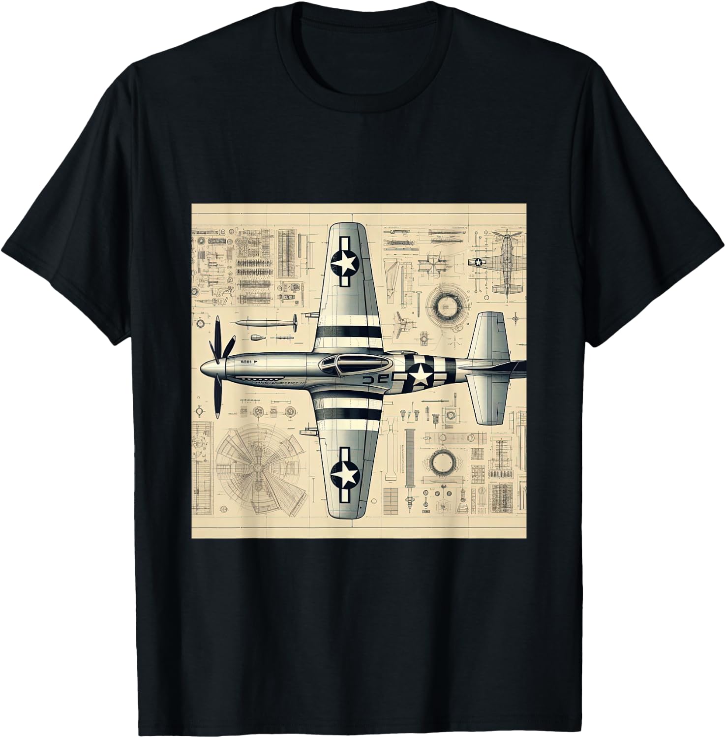 WW2 Warplane P51 Mustang Assembly Parts Blueprint T-Shirt - T-Shirt | Black