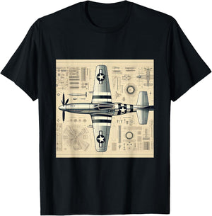 WW2 Warplane P51 Mustang Assembly Parts Blueprint T-Shirt - T-Shirt | Black