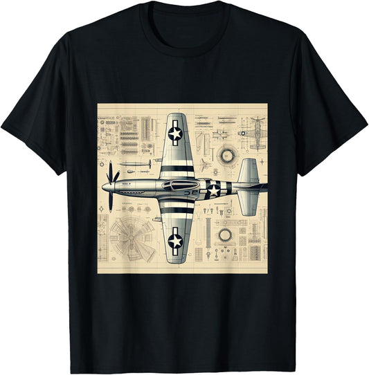 WW2 Warplane P51 Mustang Assembly Parts Blueprint T-Shirt - T-Shirt | Black