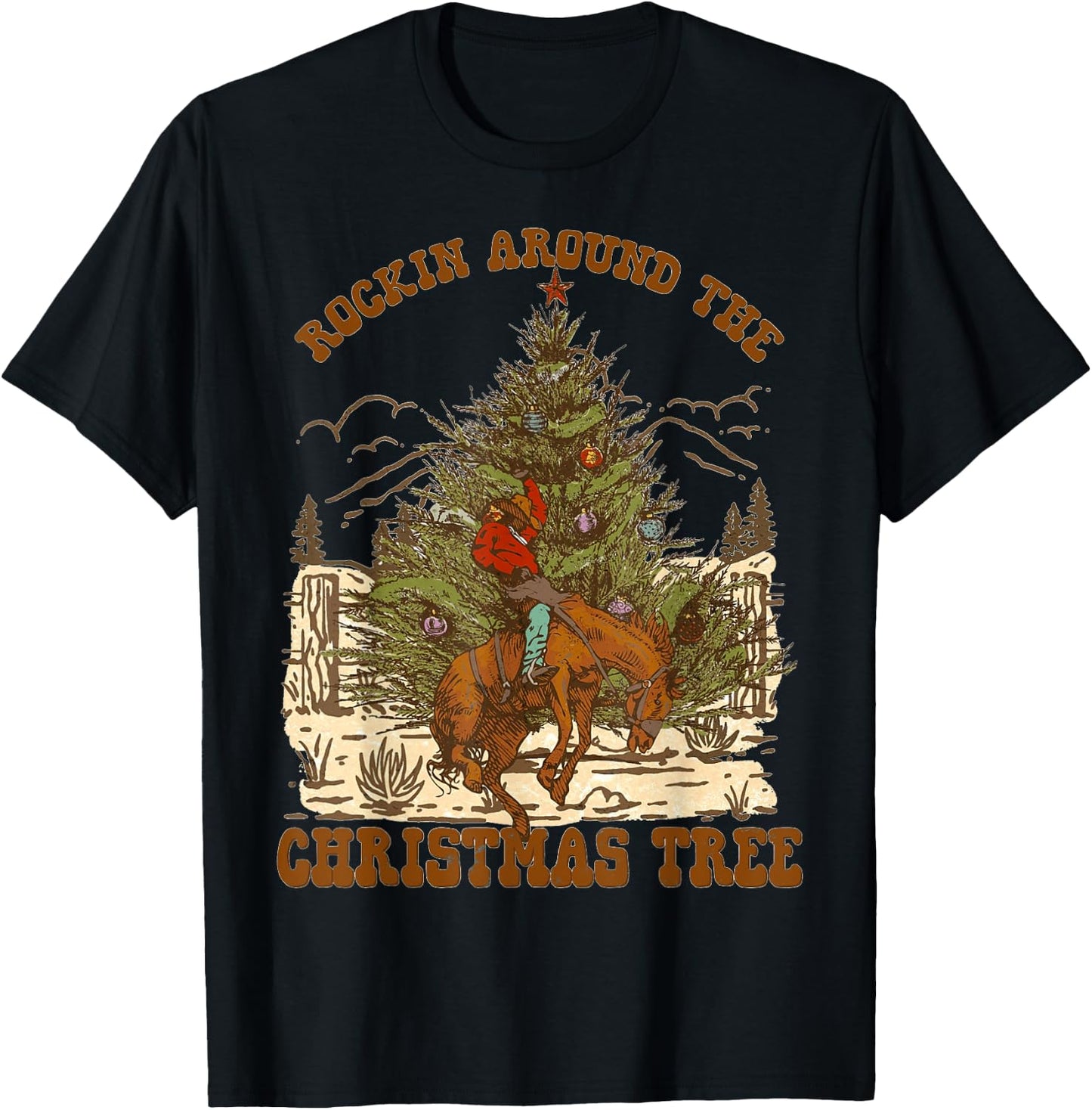 Rockin' Around Christmas Cowboy Tree Santa Ride Horse Pajama T-Shirt - T-Shirt | Black