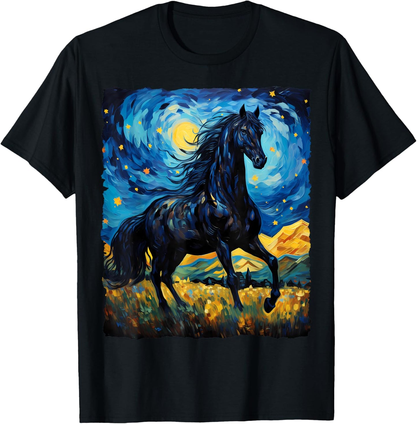 Black Horse Van Gogh Starry Night Painting Wild Animal Lover T-Shirt - T-Shirt | Black