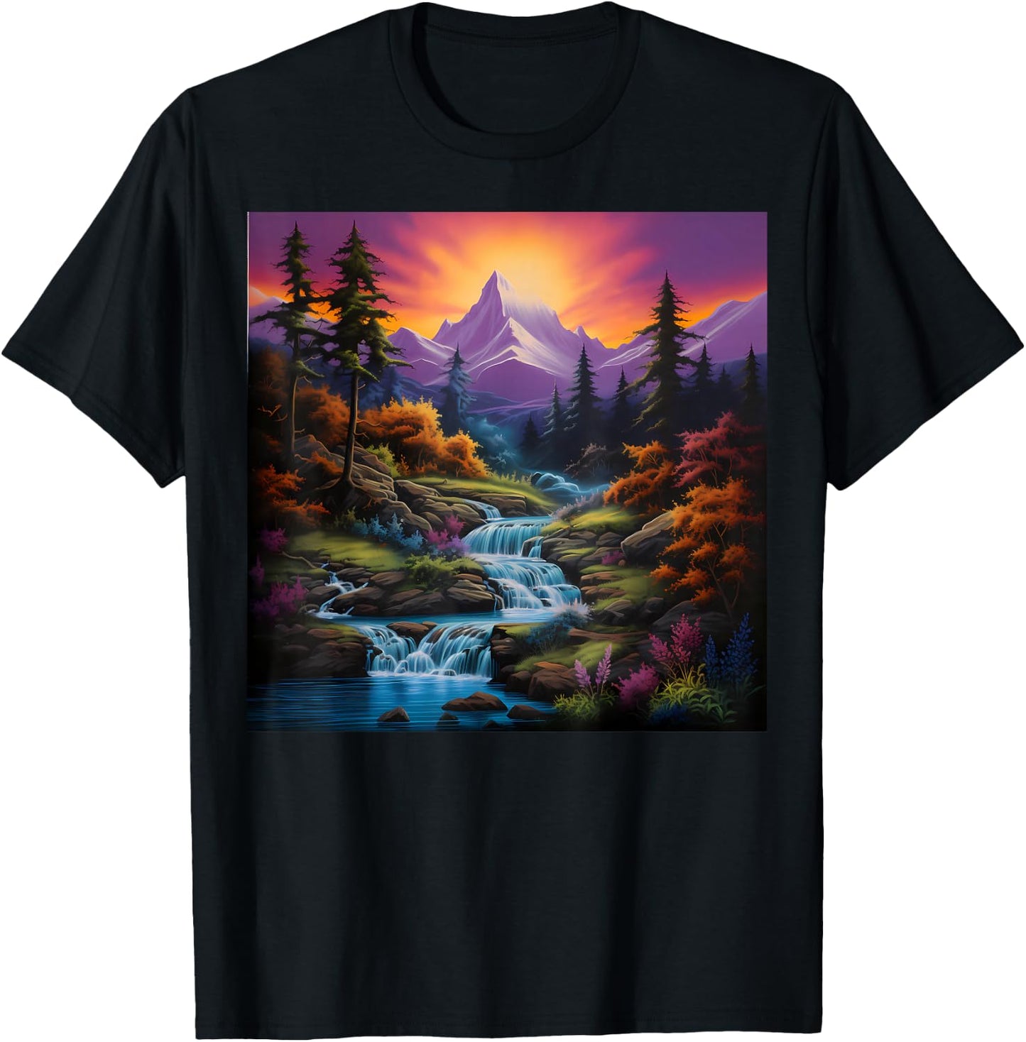 Fall Landscape Art Mountain River and Waterfalls for Hiking T-Shirt - T-Shirt | Black