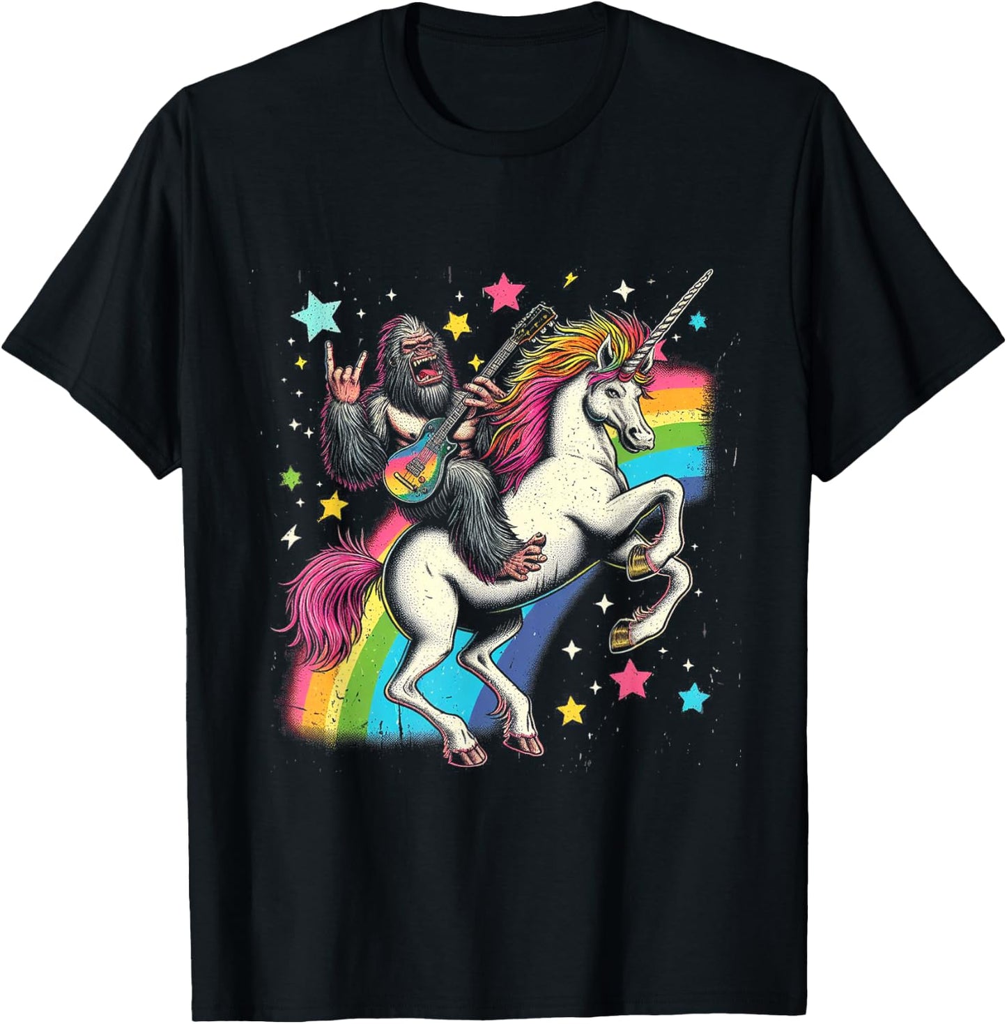 Funny Bigfoot Riding a Rainbow Unicorn T-Shirt - T-Shirt | Black