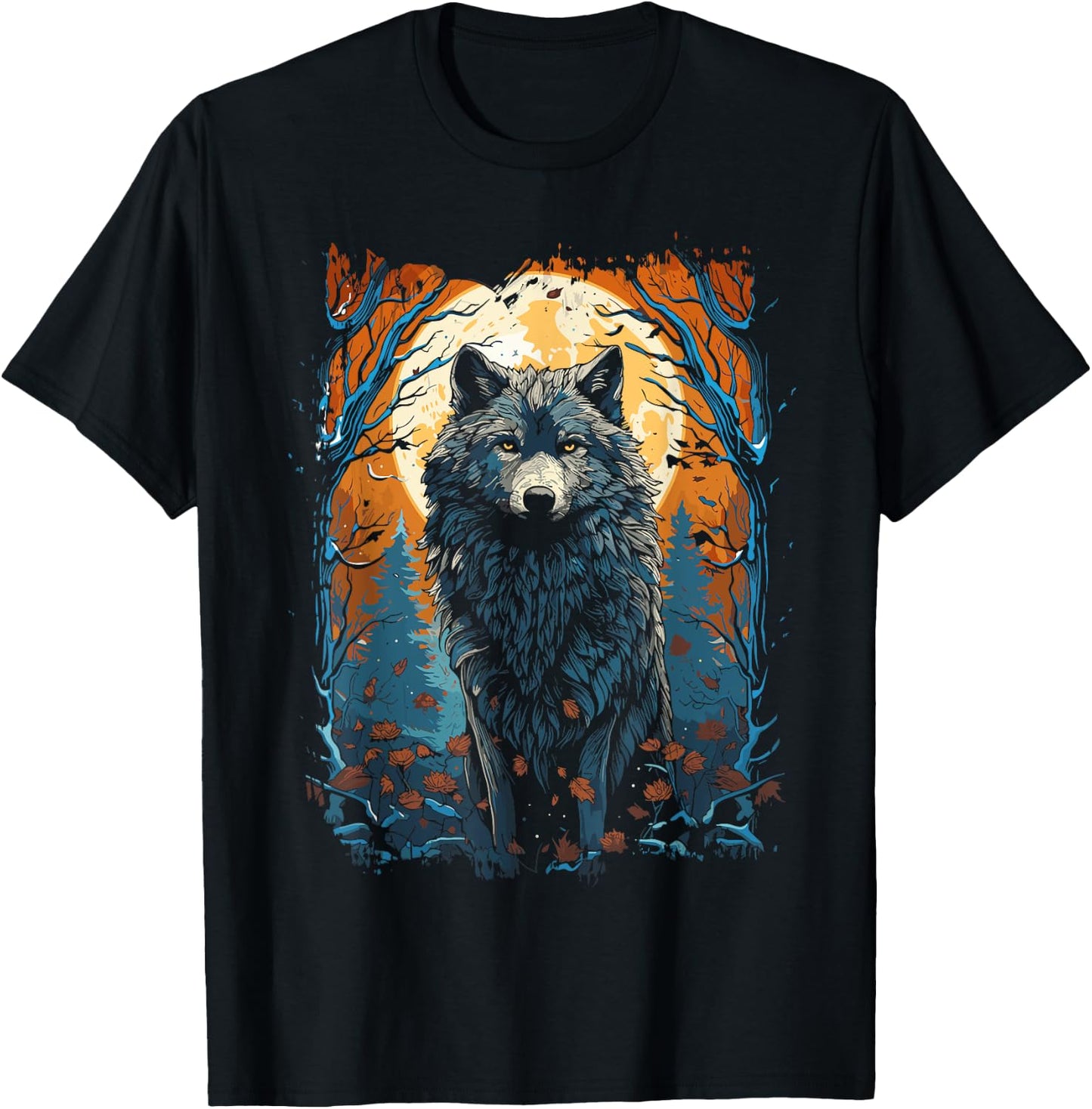 Wolf and Moon, Forest, Nature Art Women, Men T-Shirt - T-Shirt | Black