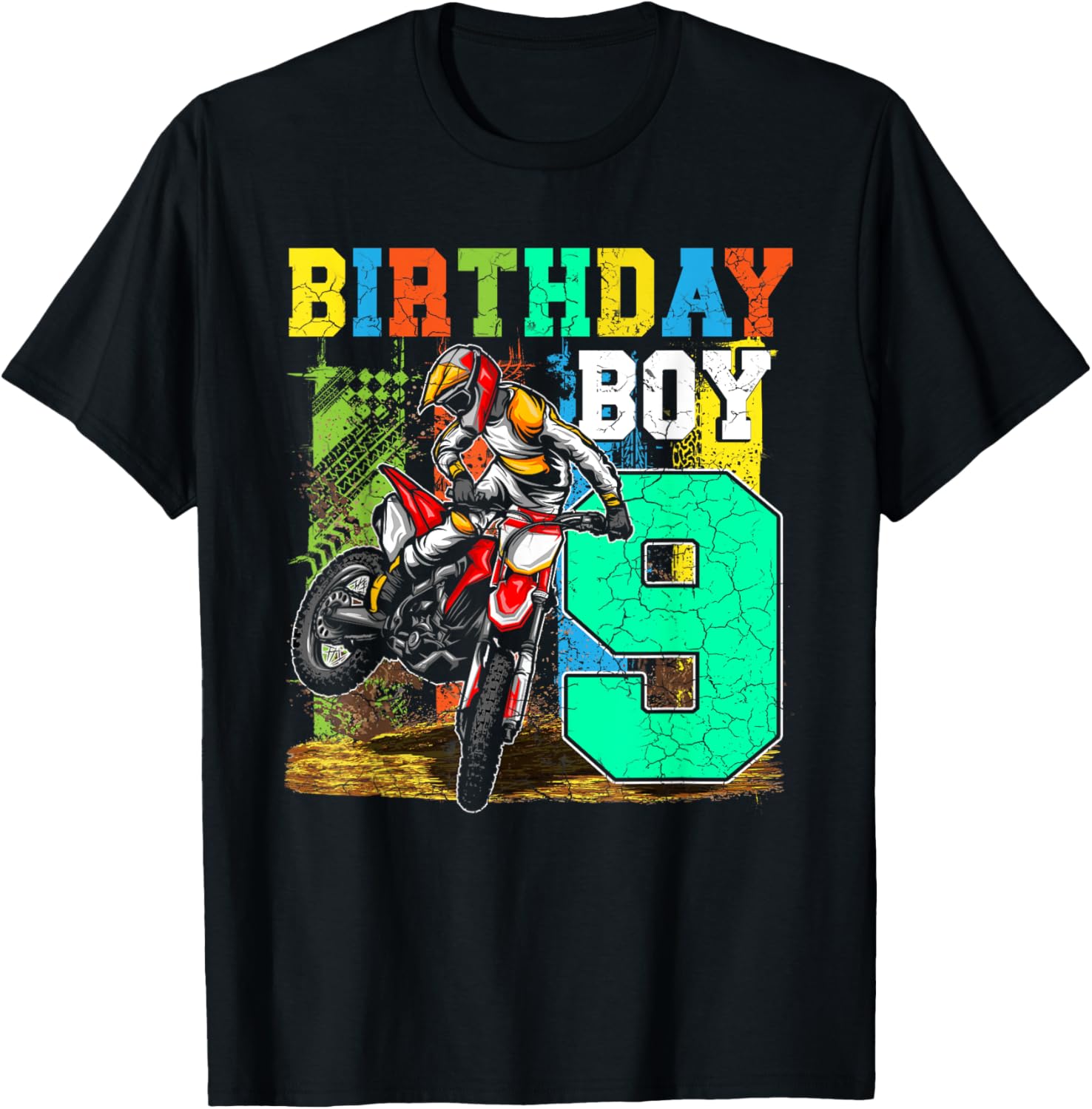 Kids 9 Years Old Kid Birthday Boy Dirt Bike Motorcycle Bday T-Shirt - T-Shirt | Black