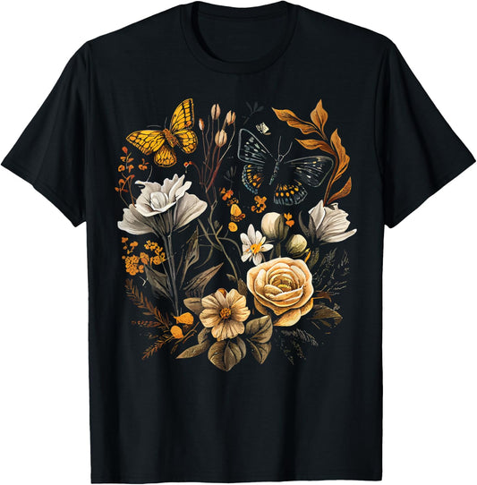 Vintage Pressed Flowers Butterflies Floral Boho Wildflowers T-Shirt - T-Shirt | Black