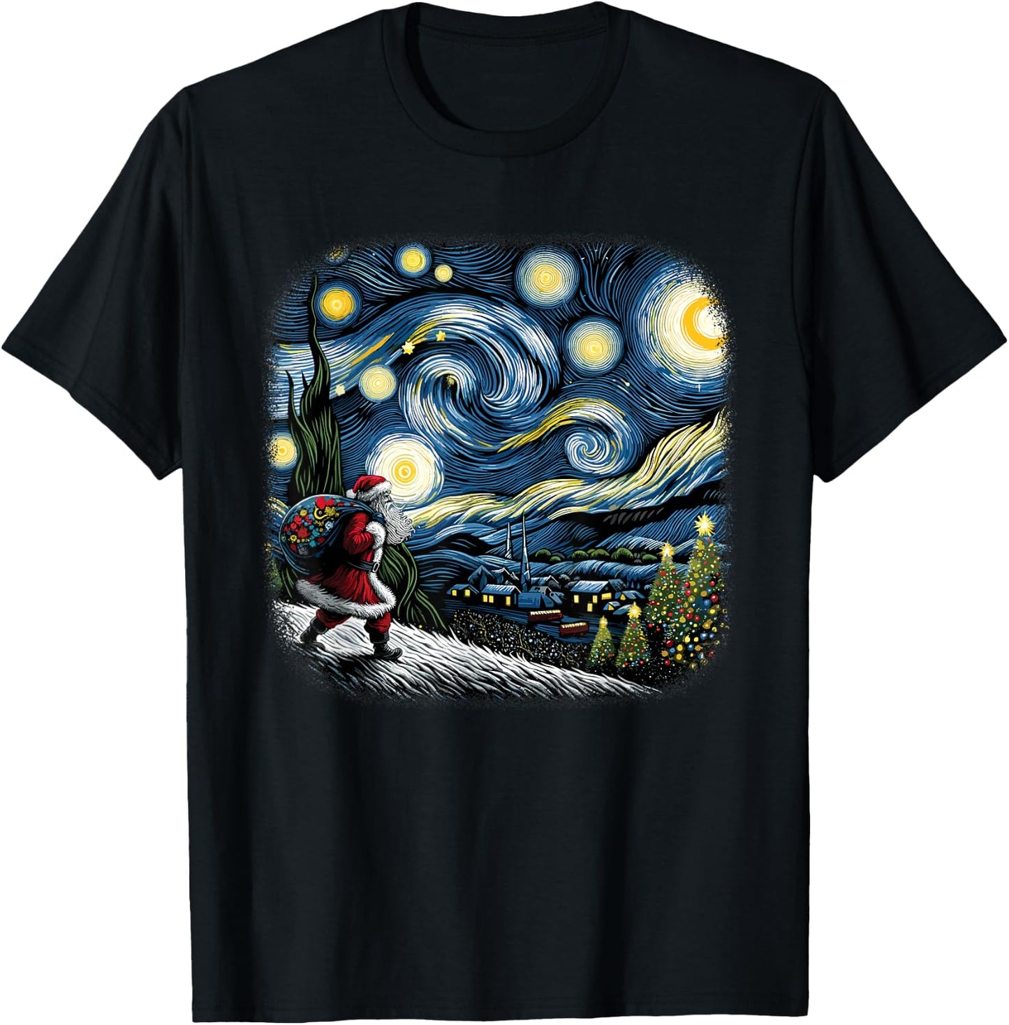 Van Gogh Starry Night Santa Christmas Winter Snowy Night T-Shirt - T-Shirt | Black