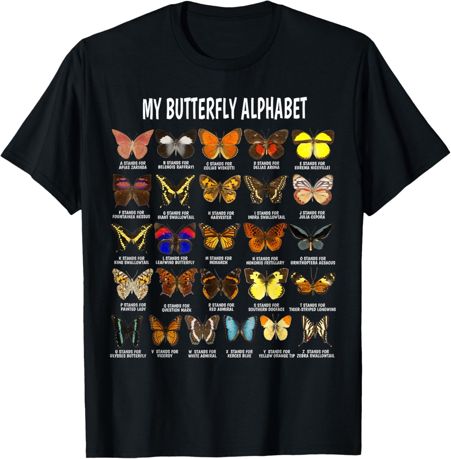 Types of Butterflies Alphabet ABC Butterfly Identification T-Shirt - T-Shirt | Black