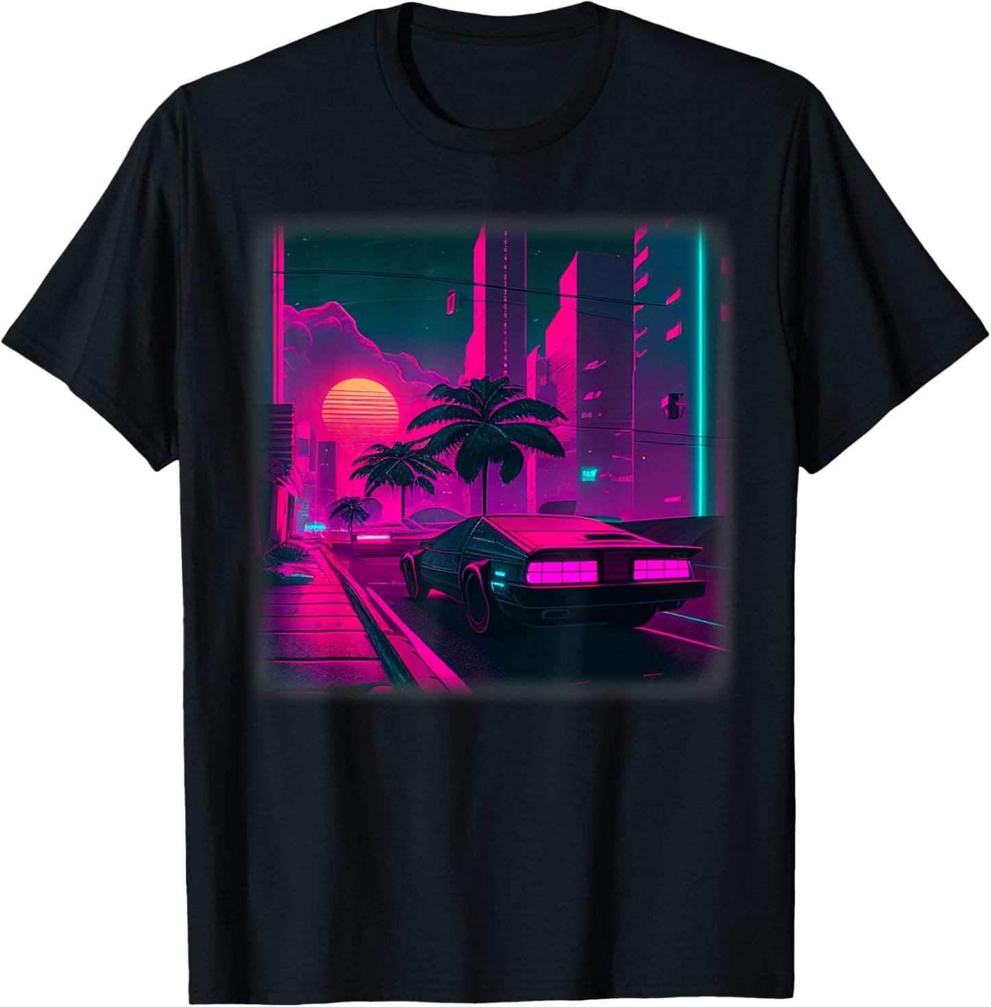 Synthwave Vaporwave Sunset Palm Trees 80s 90s Illustration T-Shirt - T-Shirt | Black