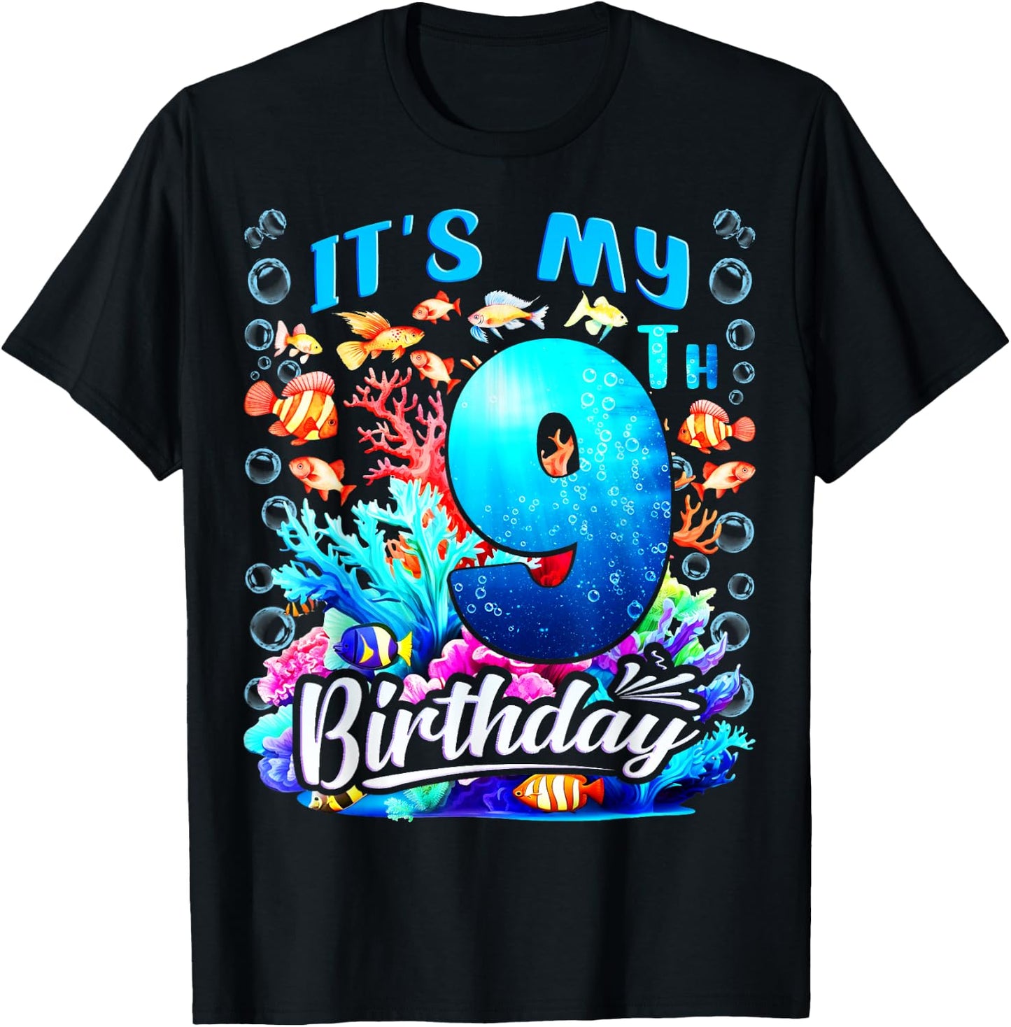 It's My 9th Birthday Boy Sea Fish Ocean Animals Aquarium T-Shirt - T-Shirt | Black