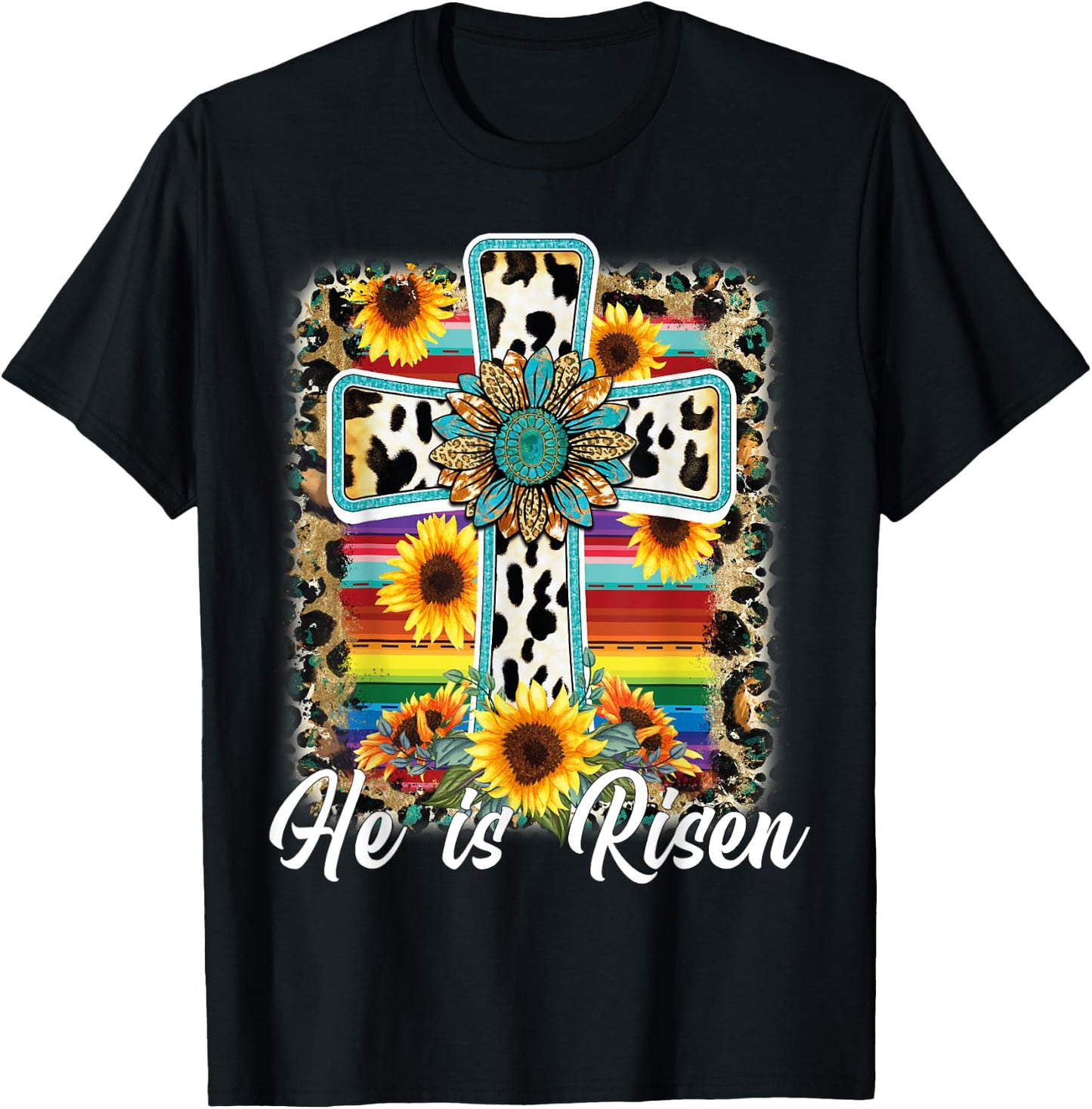 He is Risen Sunflower Leopard Cross Happy Easter Day T-Shirt - T-Shirt | Black