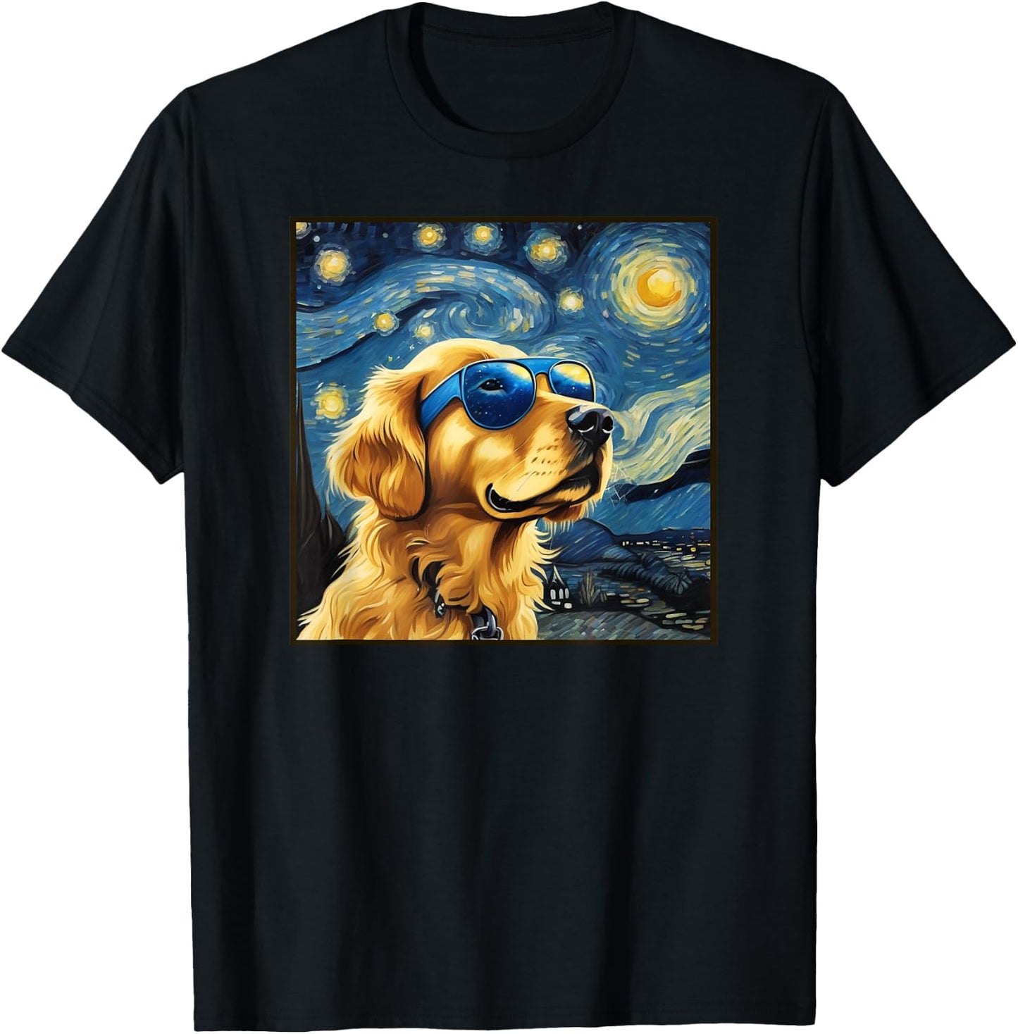 Van Gogh Starry Night Cute Dog Golden Retriever shirt T-Shirt - T-Shirt | Black