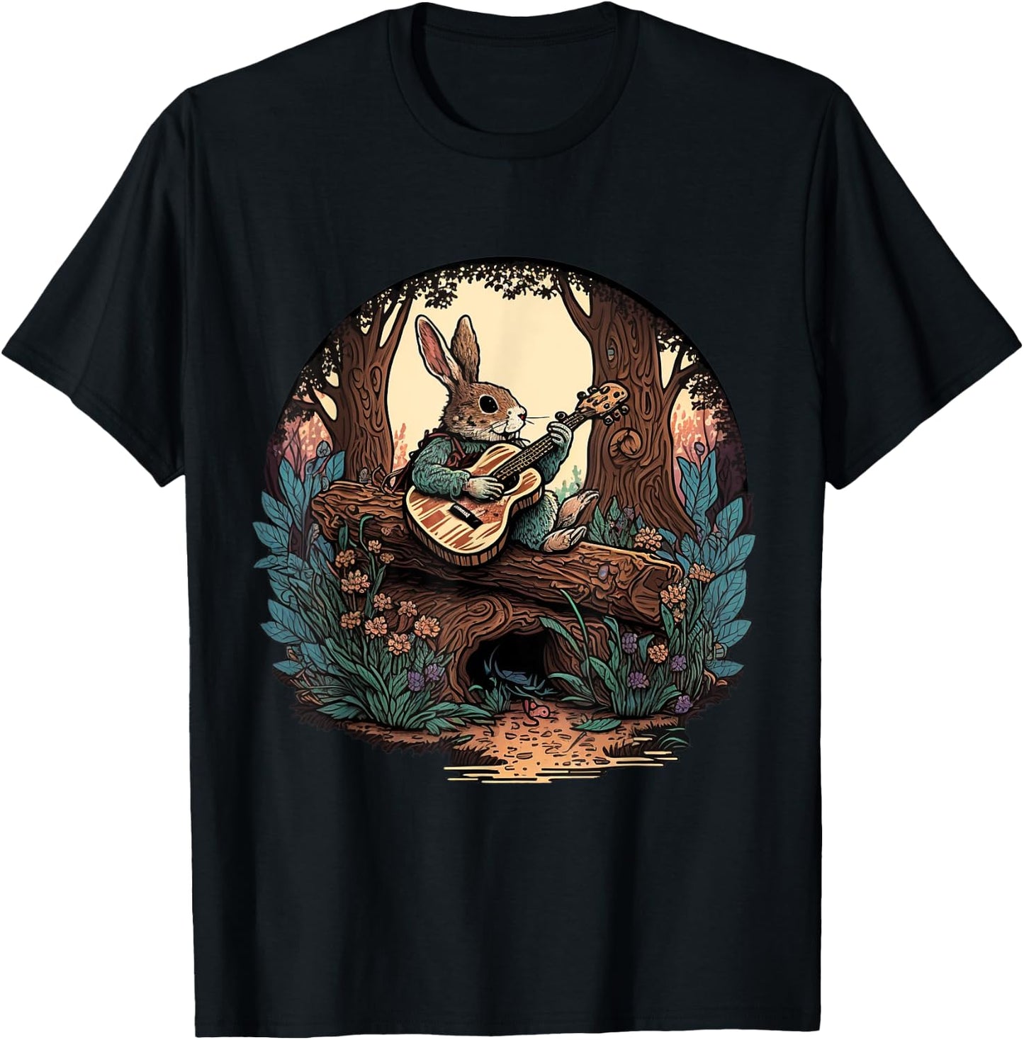 Funny Bunny Playing Banjo Guitar Music Rabbit T-Shirt - T-Shirt | Black