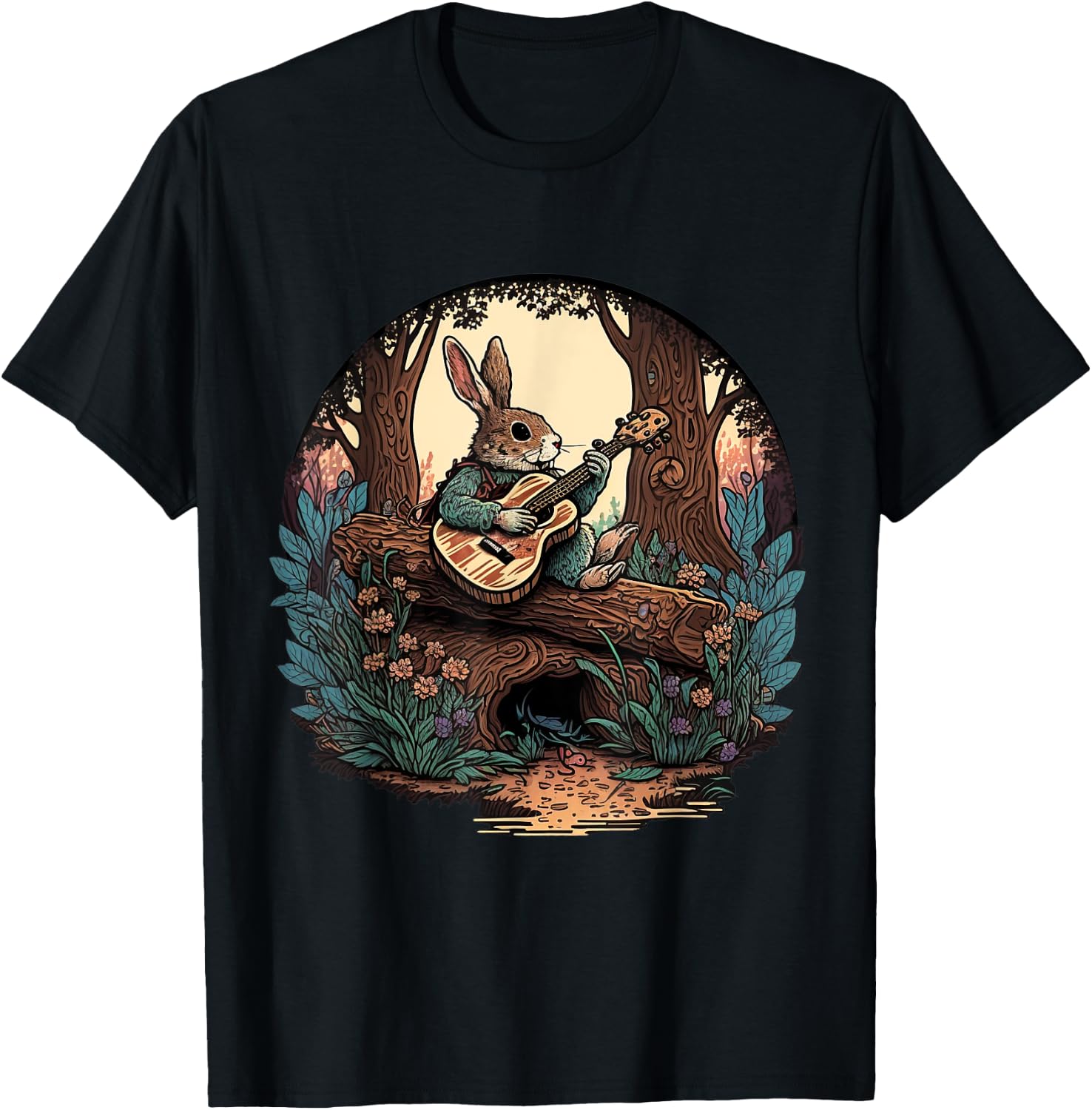 Funny Bunny Playing Banjo Guitar Music Rabbit T-Shirt - T-Shirt | Black