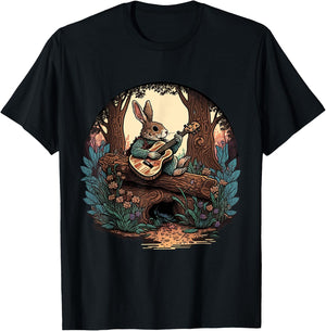 Funny Bunny Playing Banjo Guitar Music Rabbit T-Shirt - T-Shirt | Black