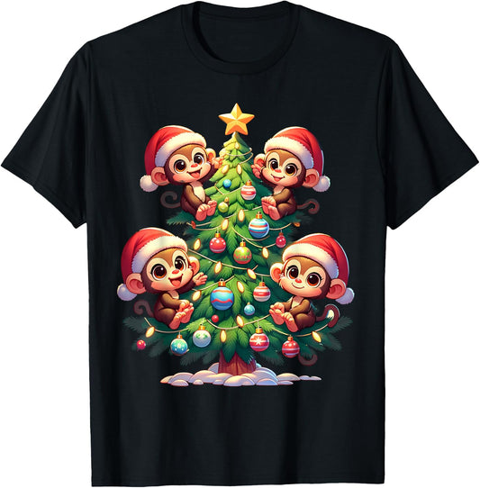 Kawaii Monkey Christmas Tree Cartoon Animals Primate T-Shirt - T-Shirt | Black