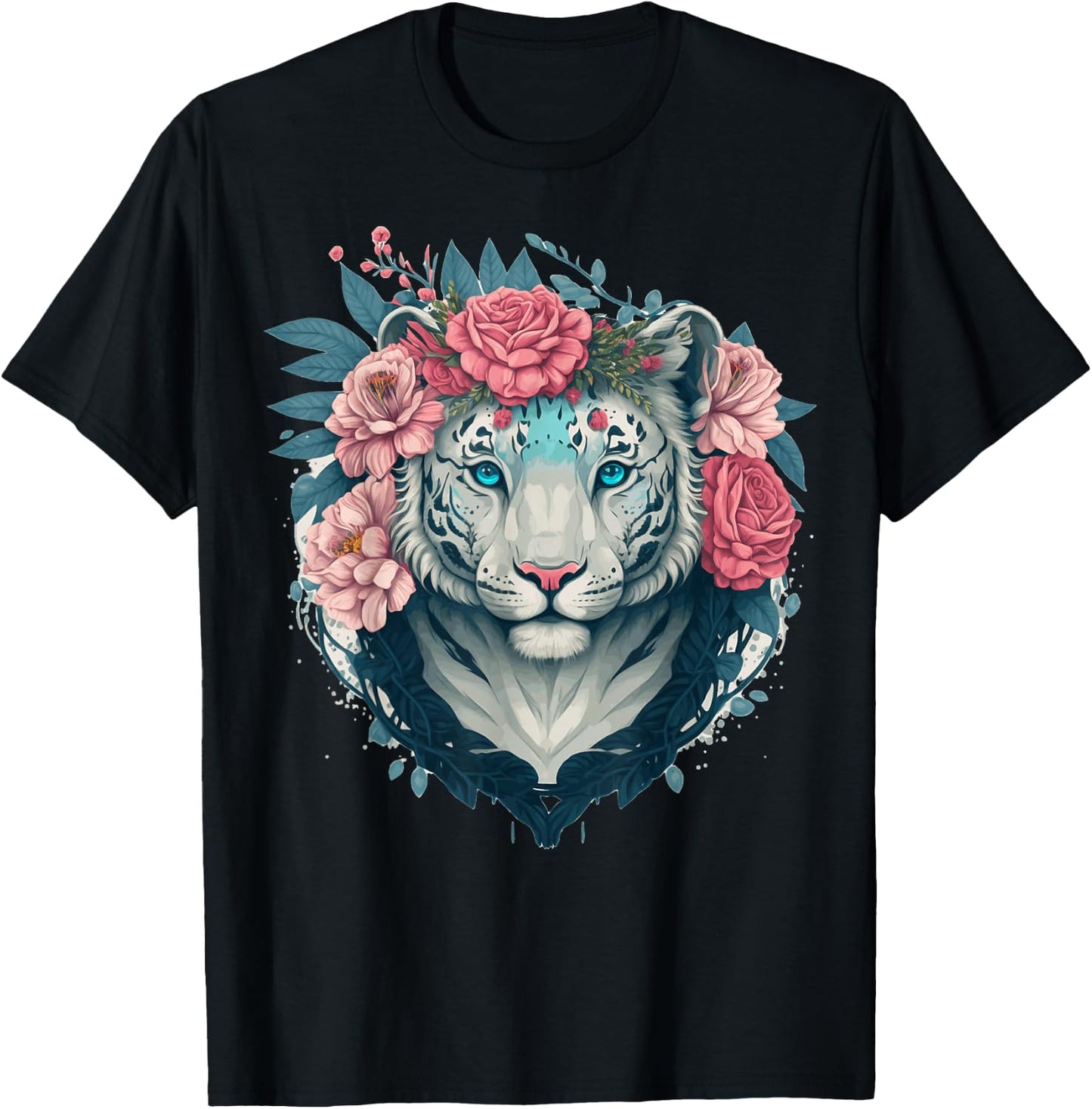 White Bengal Tiger Flower Crown Floral Animal Lovers T-Shirt - T-Shirt | Black