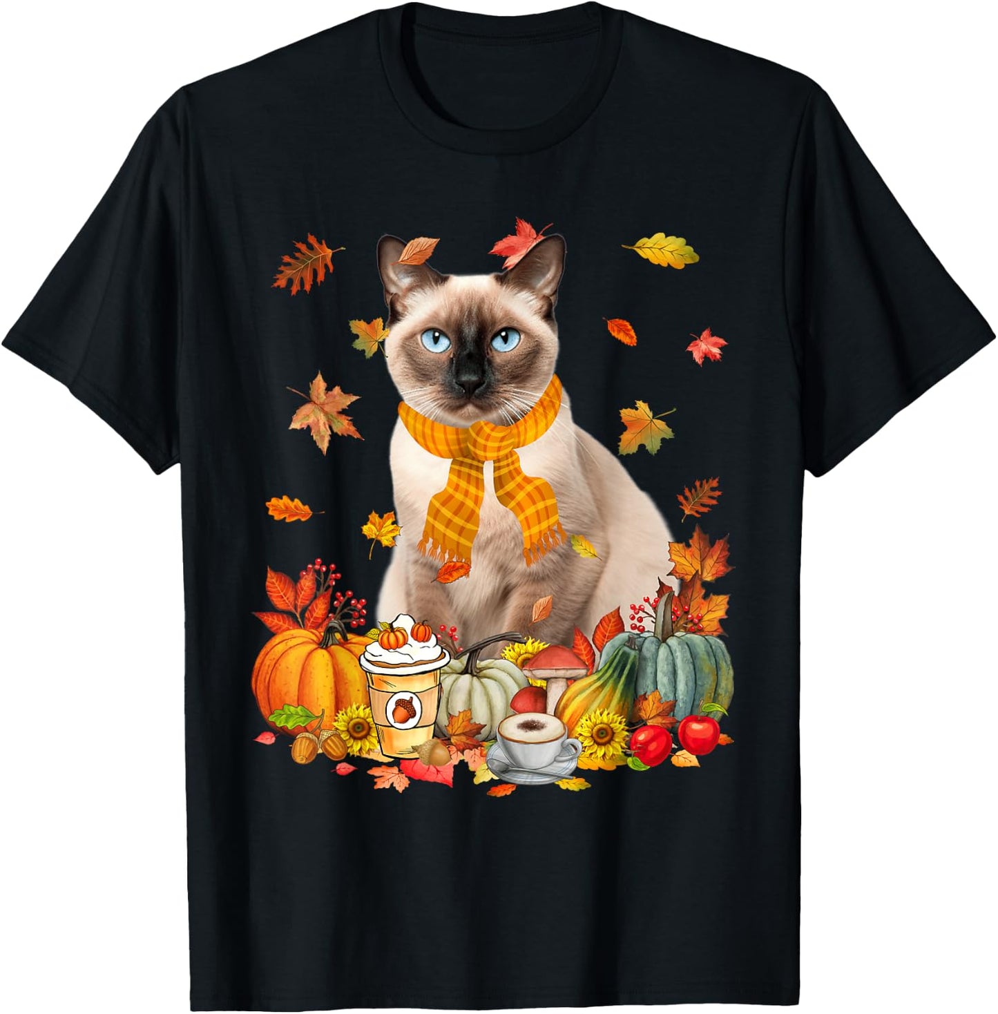 Cup Of Coffe & Siamese Cat Pumpkins Fall Vibes Thanksgiving T-Shirt - T-Shirt | Black