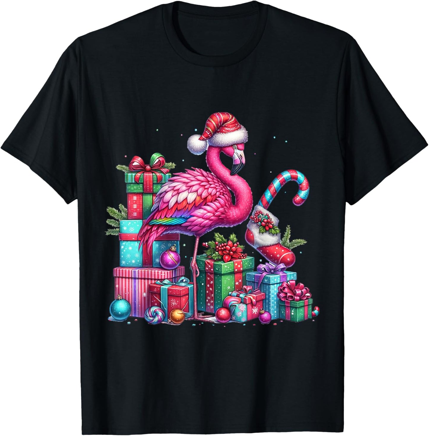 Funny Festive Flamingo Holiday Pink Christmas Xmas Santa Hat T-Shirt - T-Shirt | Black