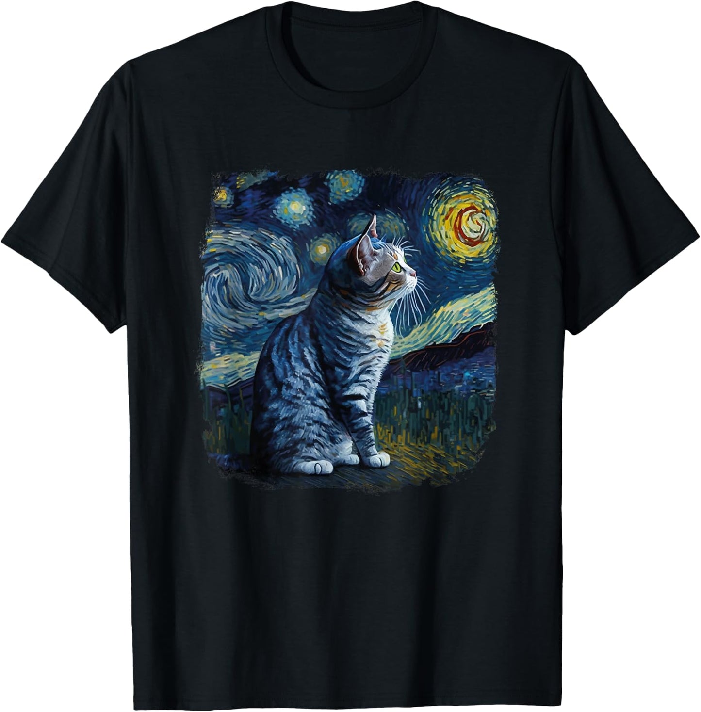 Funny Van Gogh Starry Night Cat American Shorthair Cat Lover T-Shirt - T-Shirt | Black