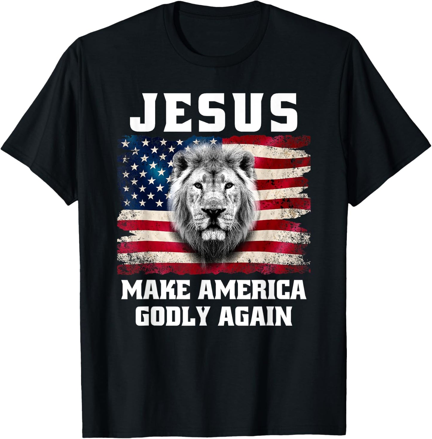 Jesus Make America Godly Again Christian Faith USA Flag Lion T-Shirt - T-Shirt | Black