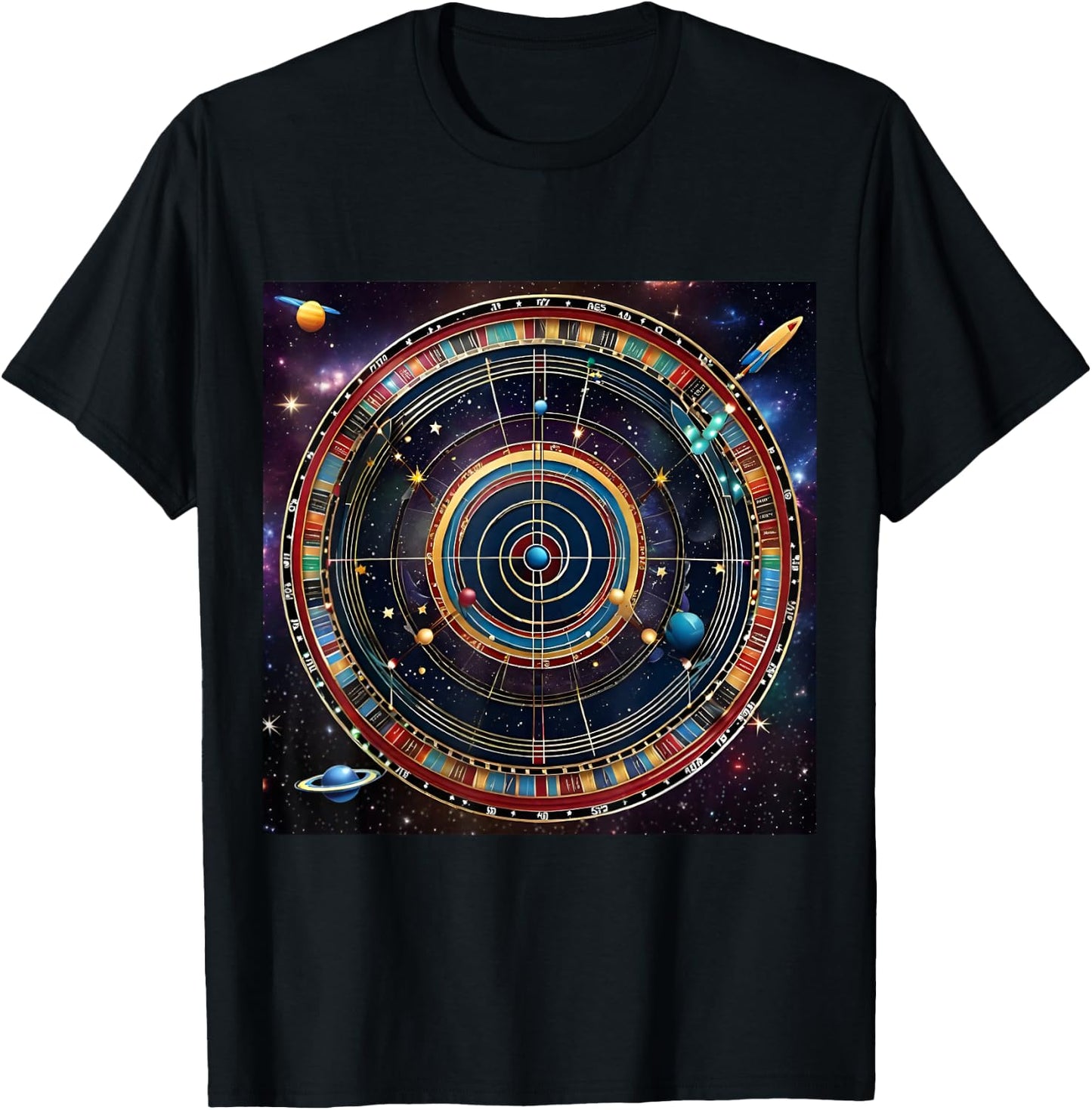 Bullseye Beyond -Adults Kids , Black, Small, Short Sleeve, Modern, Astrological, Sports, Professional, Themed- , Interstellar Challenge: Cosmic Dartboard T-Shirt - T-Shirt | Black