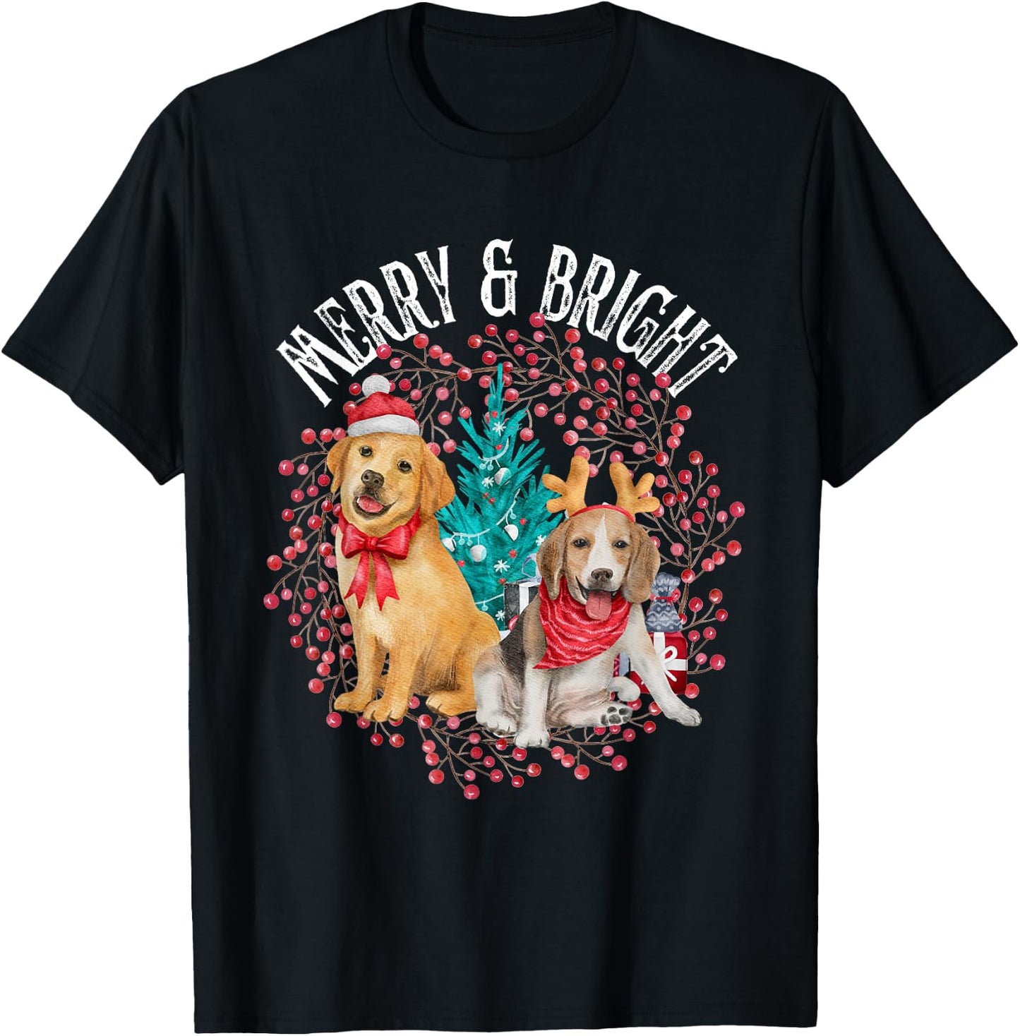 Christmas Beagle and Golden Retriever T-Shirt - T-Shirt | Black
