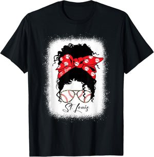 St. Louis Messy Bun Bleached Baseball Fan I Love St. Louis T-Shirt - T-Shirt | Black