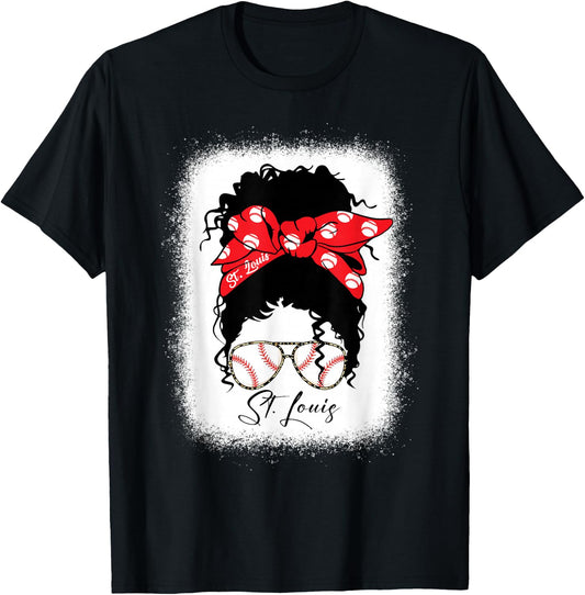 St. Louis Messy Bun Bleached Baseball Fan I Love St. Louis T-Shirt - T-Shirt | Black
