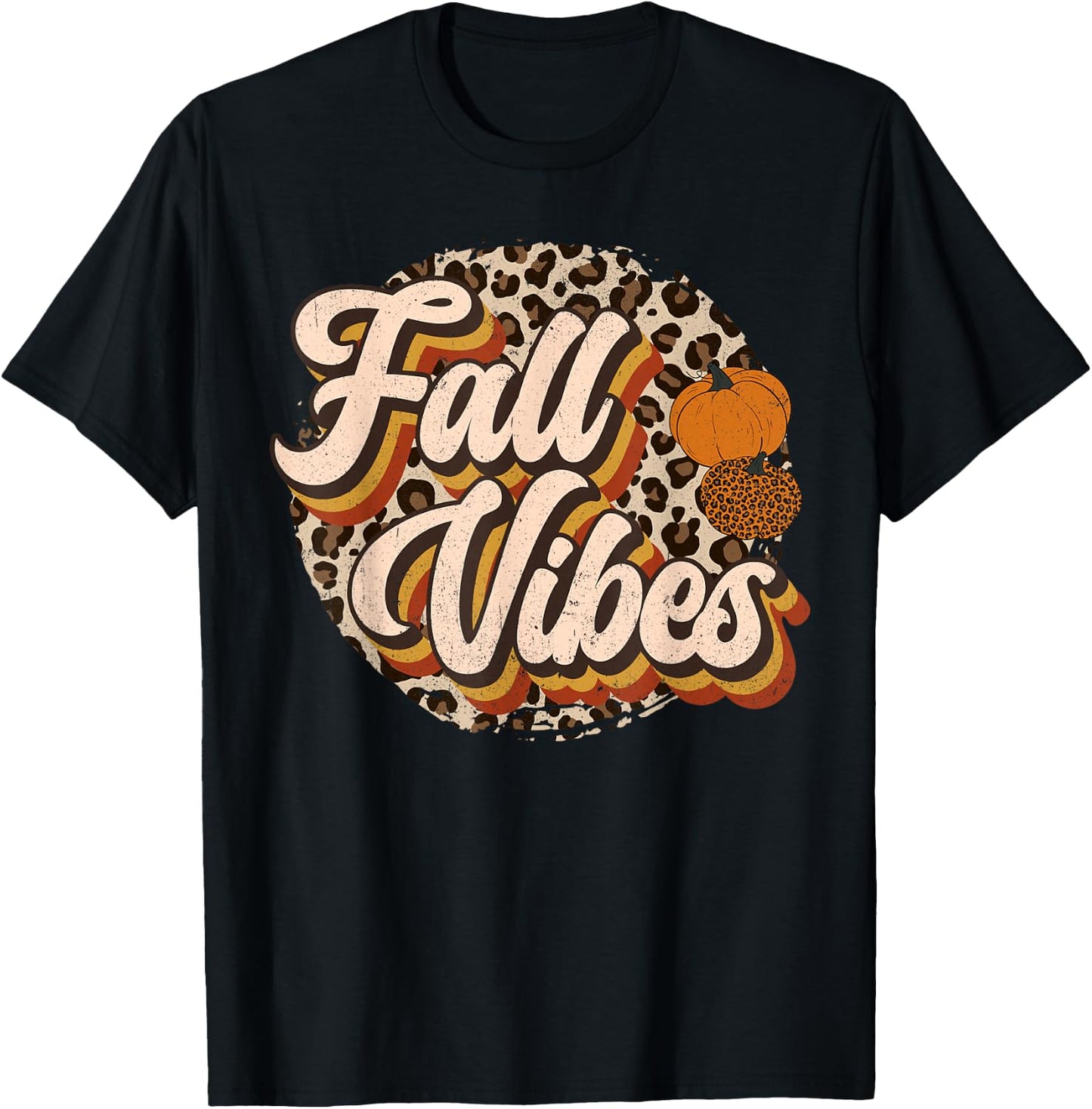 Vintage 70s Fall Vibes Leopard Pumpkin Season Retro Autumn T-Shirt - T-Shirt | Black