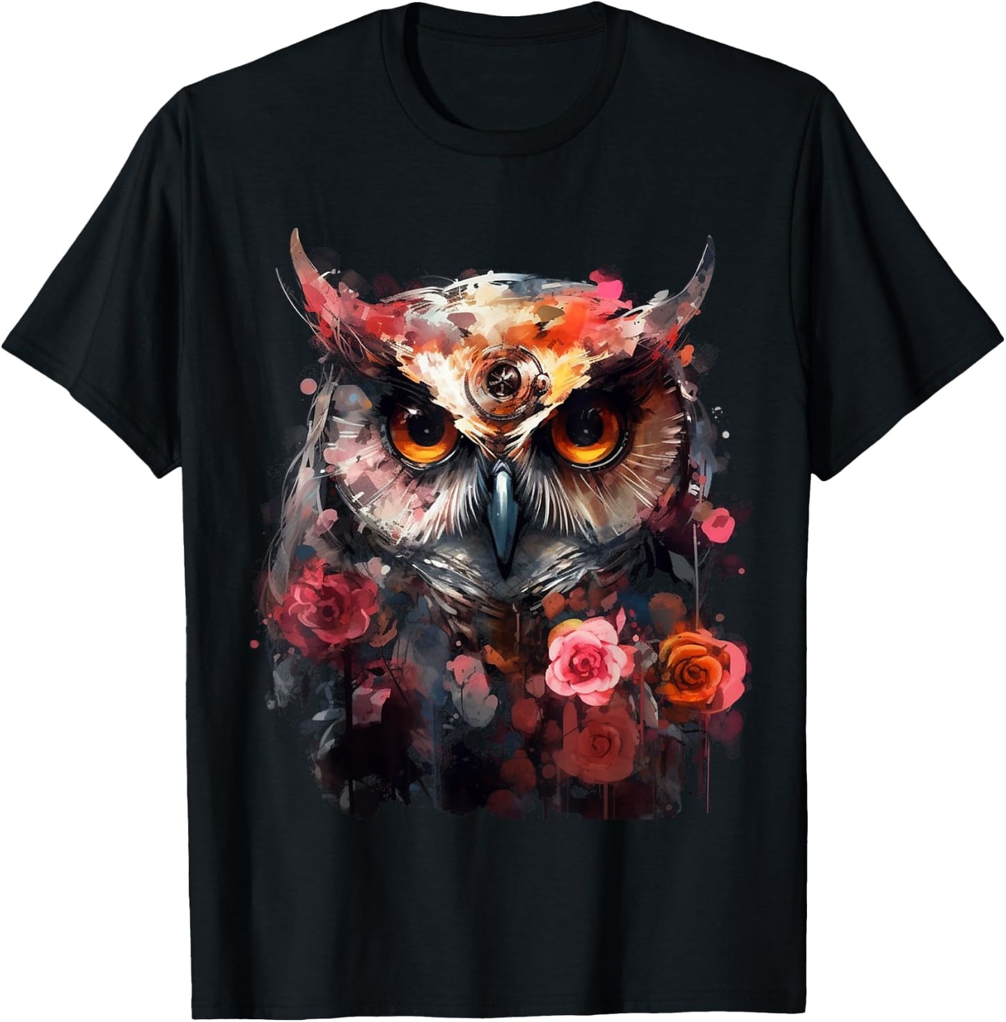 Owl Flowers Fantasy Animal Lovers - Bird Art Animal Owl T-Shirt - T-Shirt | Black