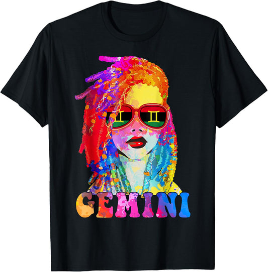 Gemini Loc'd Woman Black Queen Art Zodiac Birthday T-Shirt - T-Shirt | Black