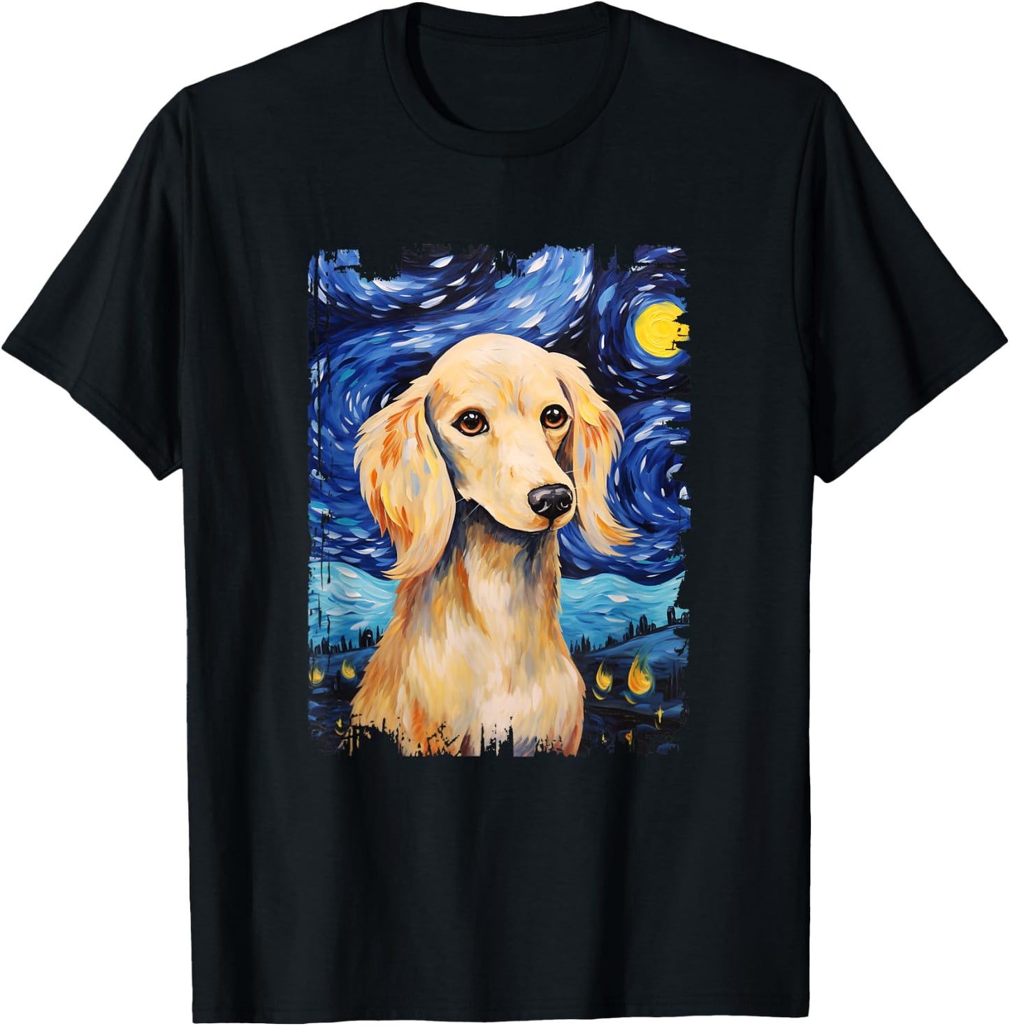 Cream Dachshund Dog Starry Night Painting Dog Mom Dad T-Shirt - T-Shirt | Black
