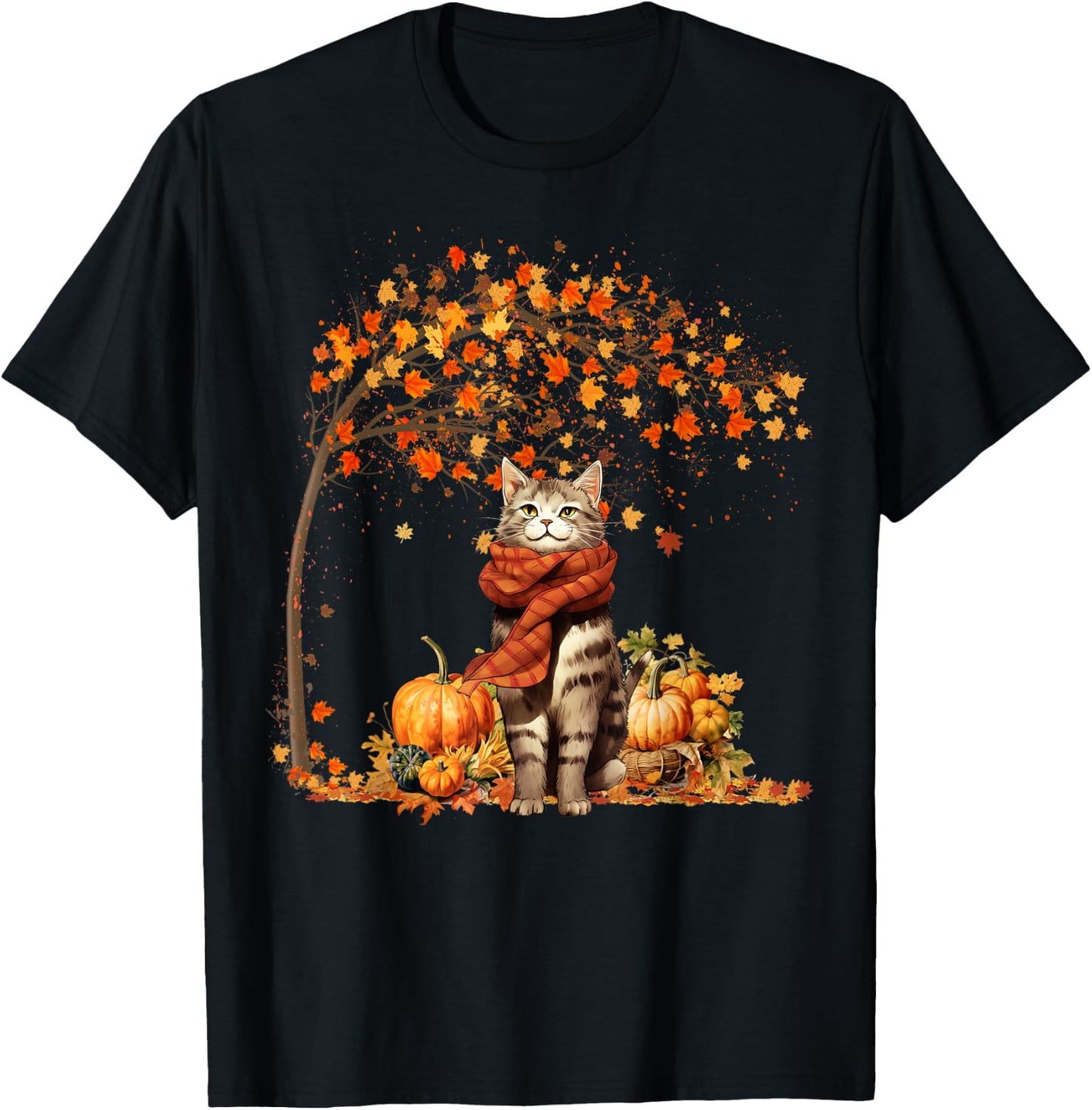Cat Leaf Fall Hello Autumn Cat Kitten Lover Thanksgiving T-Shirt - T-Shirt | Black