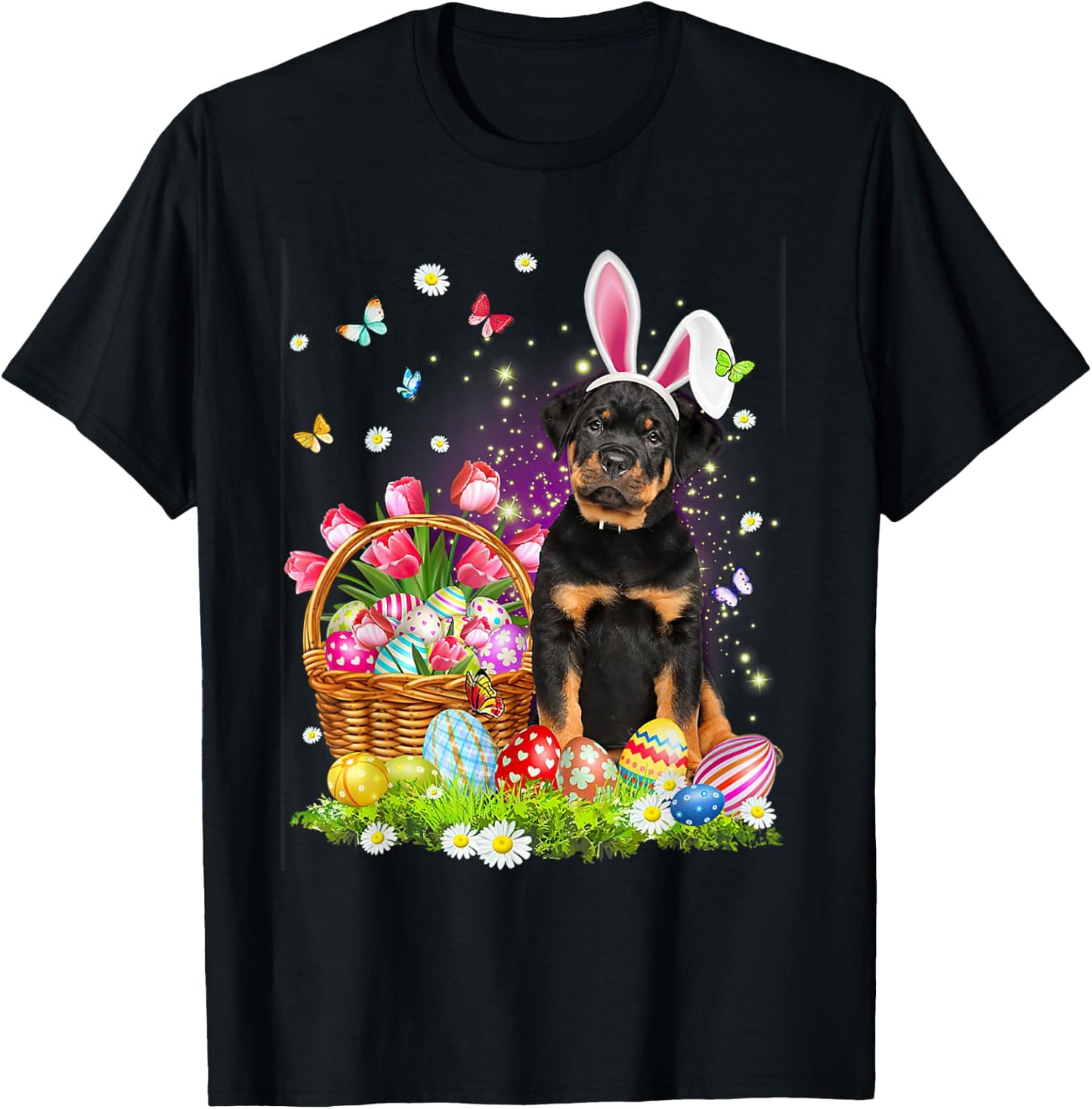 Funny Easter Bunny Rottweiler Dog Bunny Ear Egg Basket Women Kids T-Shirt - T-Shirt | Black