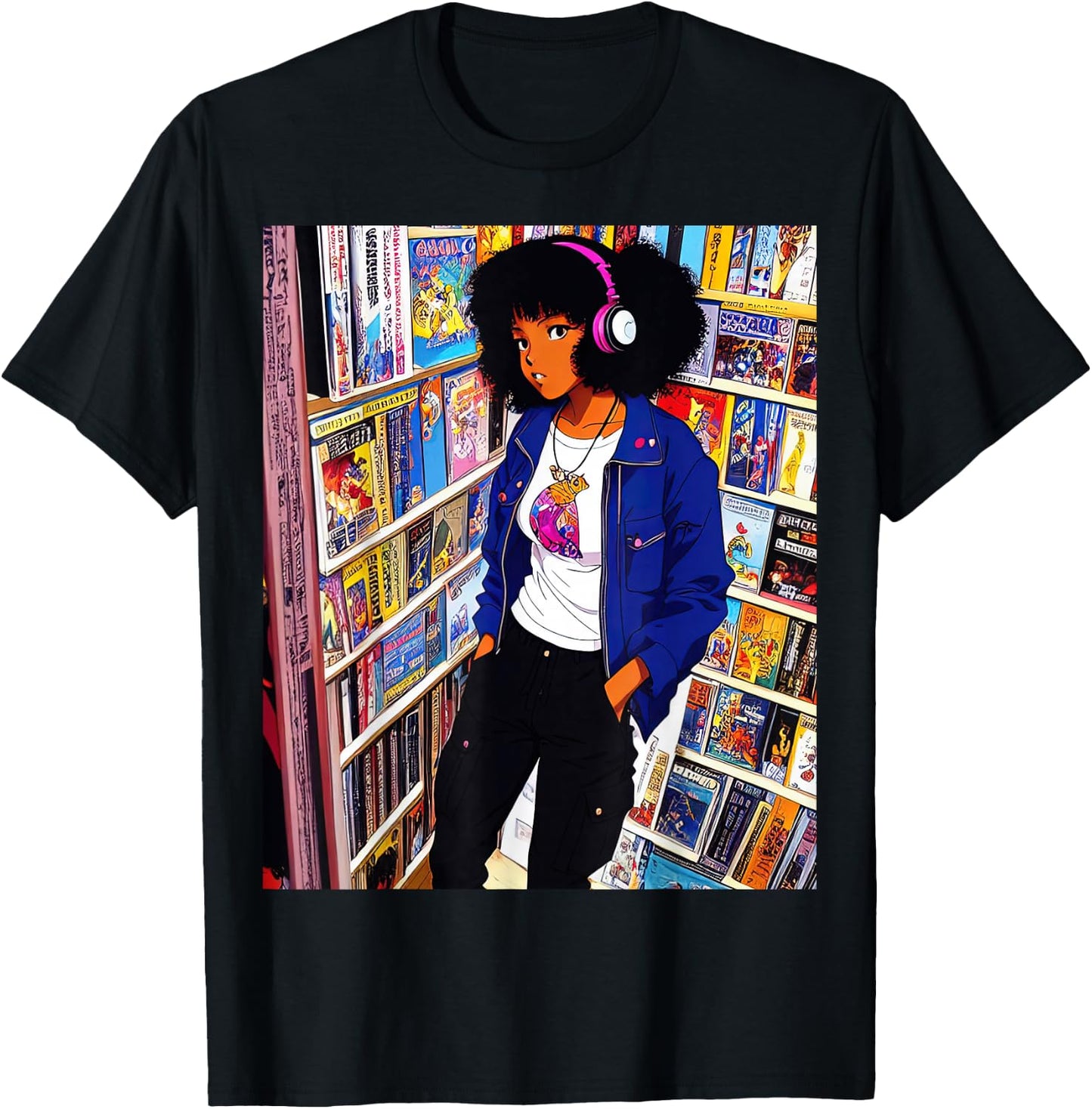 Black girl Lofi Music 90s Afro Retro Anime Cartoon Style T-Shirt - T-Shirt | Black