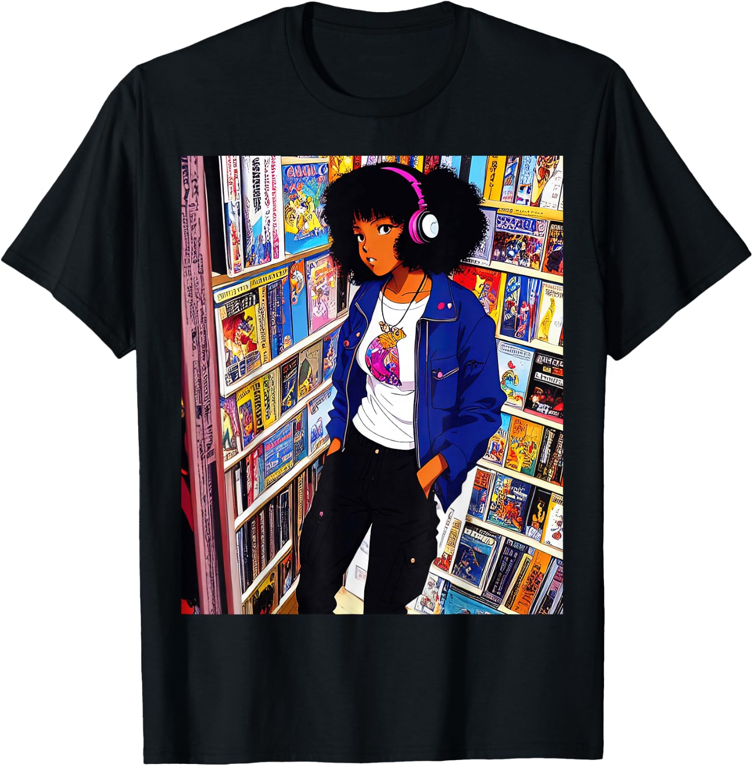 Black girl Lofi Music 90s Afro Retro Anime Cartoon Style T-Shirt - T-Shirt | Black