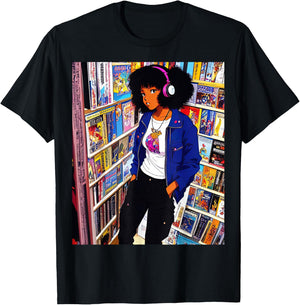 Black girl Lofi Music 90s Afro Retro Anime Cartoon Style T-Shirt - T-Shirt | Black